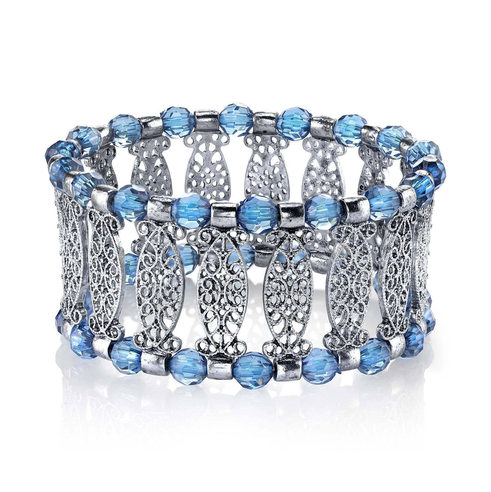 1928 Jewelry Blue Filigree Stretch Bracelet for Women - Vintage Style Adjustable Bangle for Party, Wedding & Everyday Wear