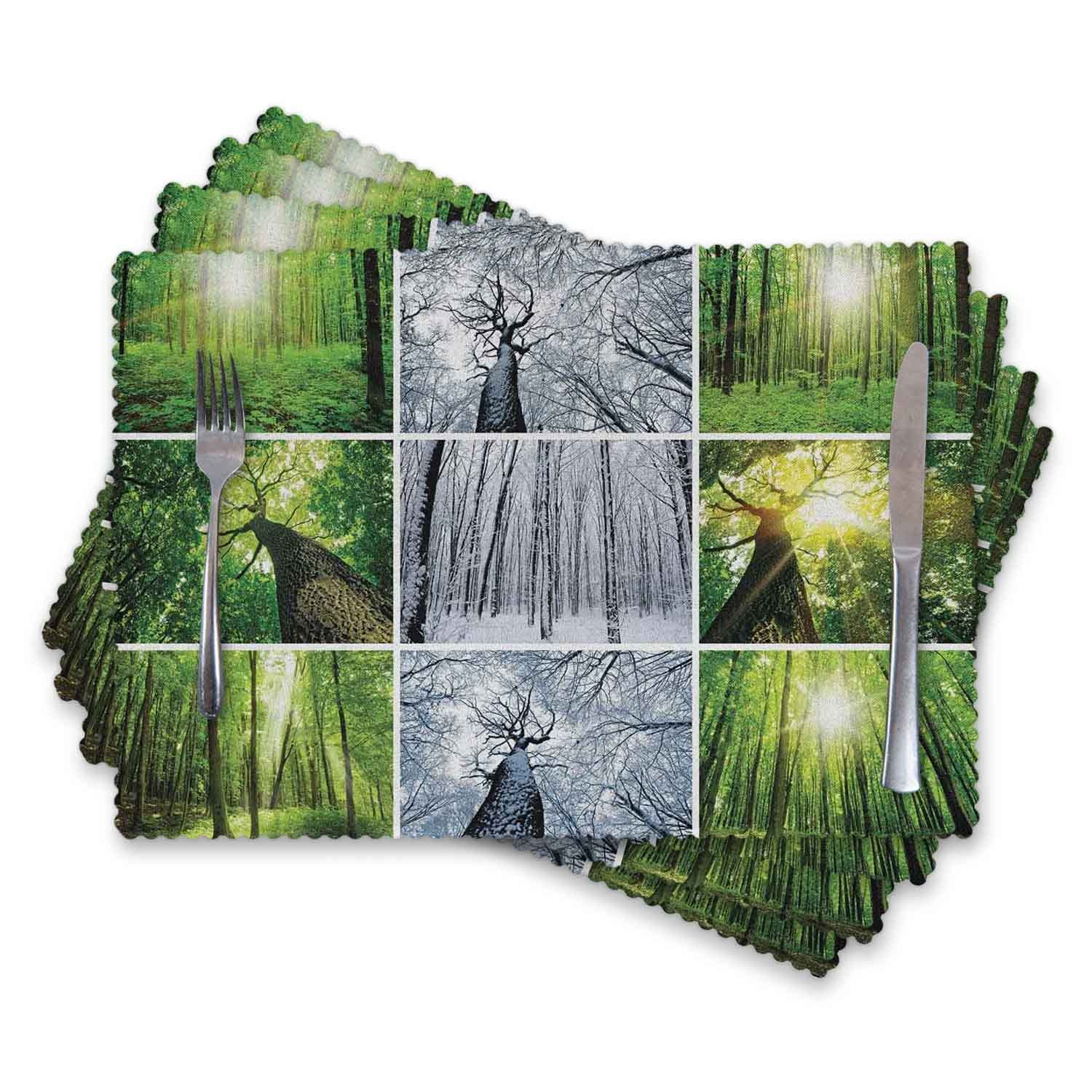 Heat-Resistant & Stain-Resistant Washable Cloth Placemats Set of 4 - Green & Black Rainforest Tree Branches Spring/Winter Woodland Design - Perfect for Dining Tables, Kitchen Decor, and Holiday Gatherings