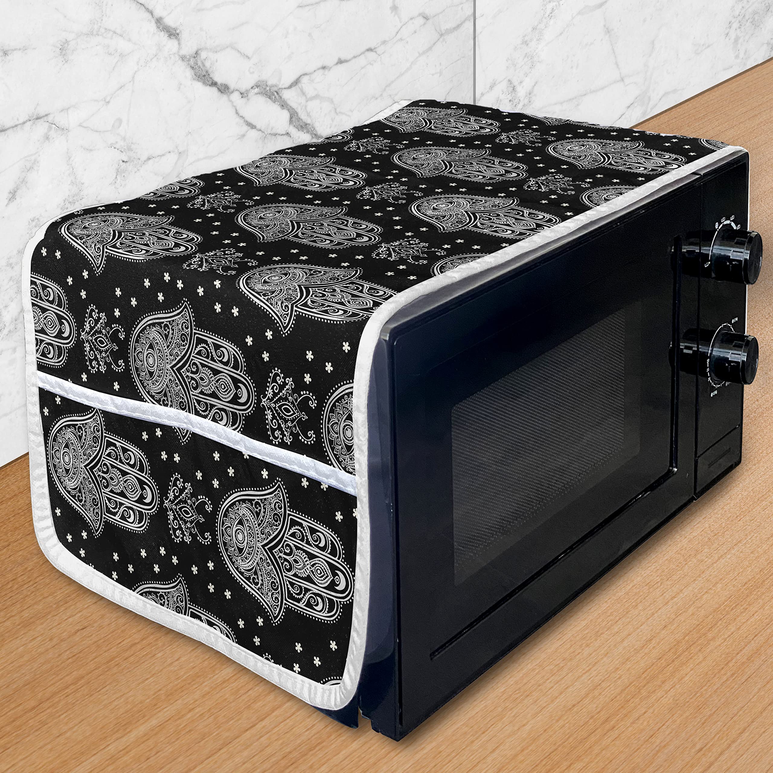 Ambesonne Black and White Microwave Cover - All Seeing Eye Oriental Design, Waterproof Kitchen Organizer with Pockets, 36