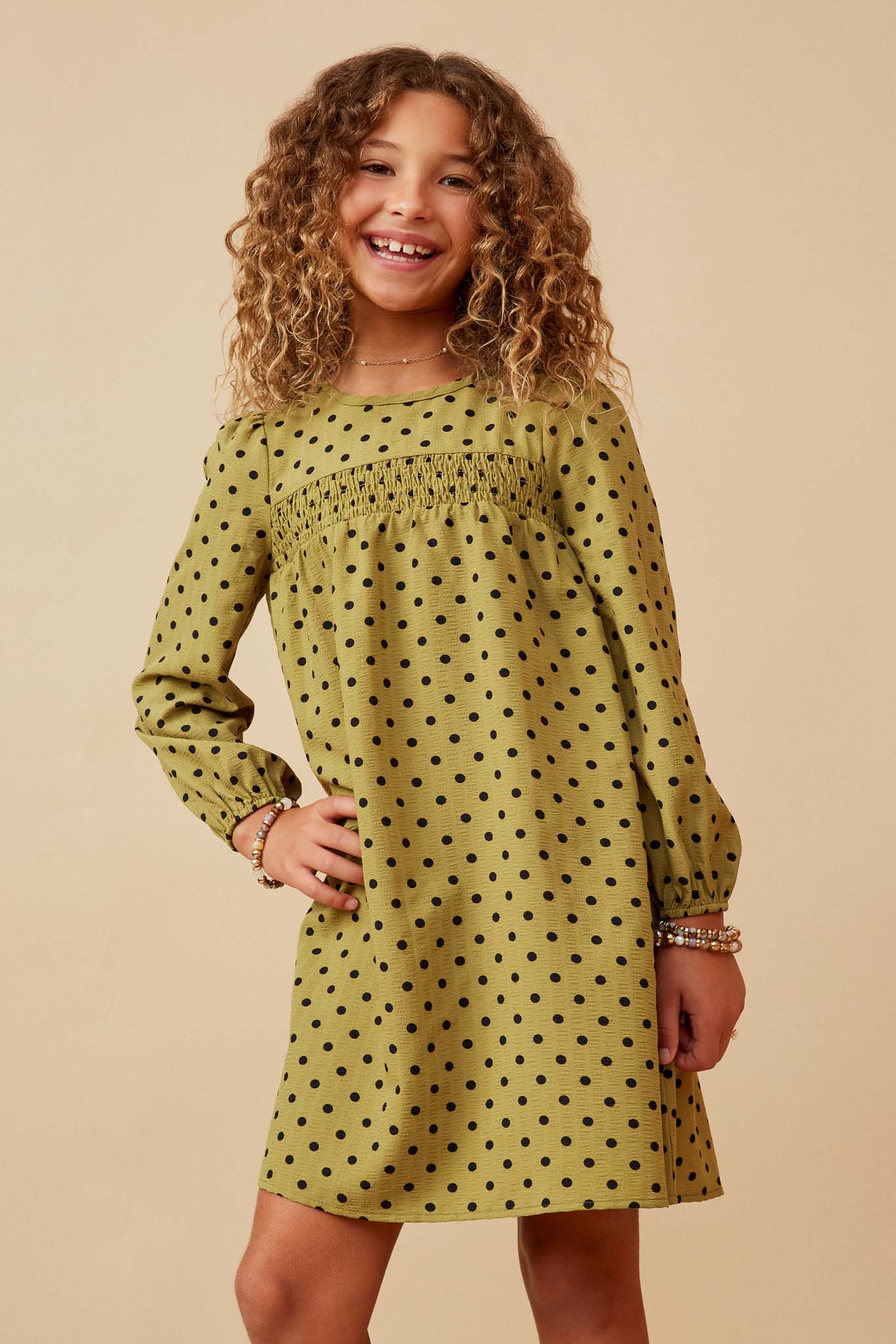 Elegant Smocked Detail Polka Dot Long Sleeve Dress for Women | Flowy Casual & Party Wear | Perfect for Date Nights, Office Outfits and Special Occasions
