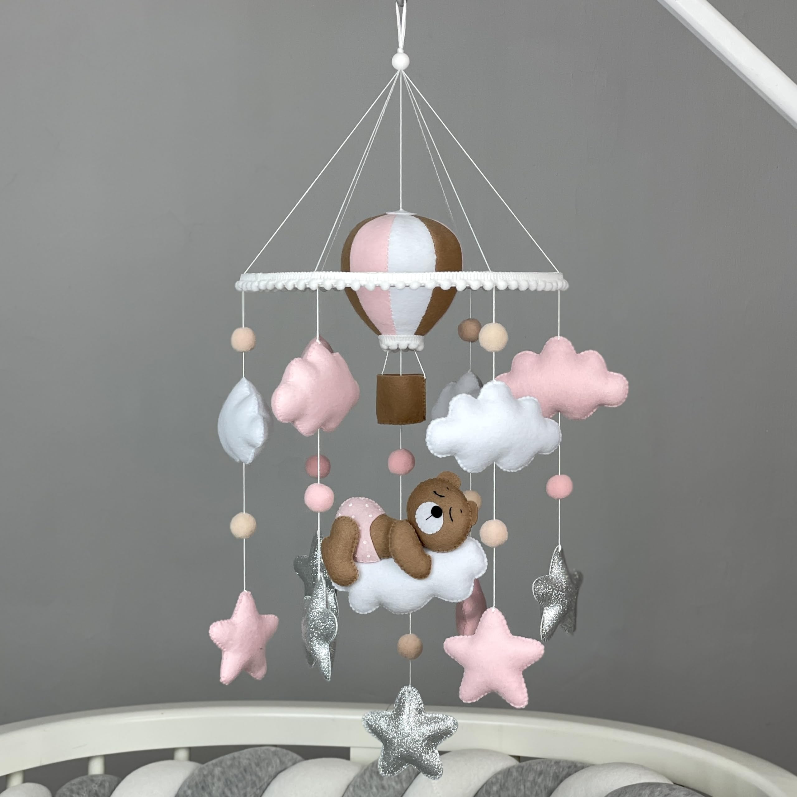 Pink Teddy Bear Baby Mobile for Crib - Balloon Themed Nursery Decor, Newborn Girl Gift for Baby Shower & New Moms | Perfect for Nursery Room, Baby Girl Bedroom & New Mom Gifts
