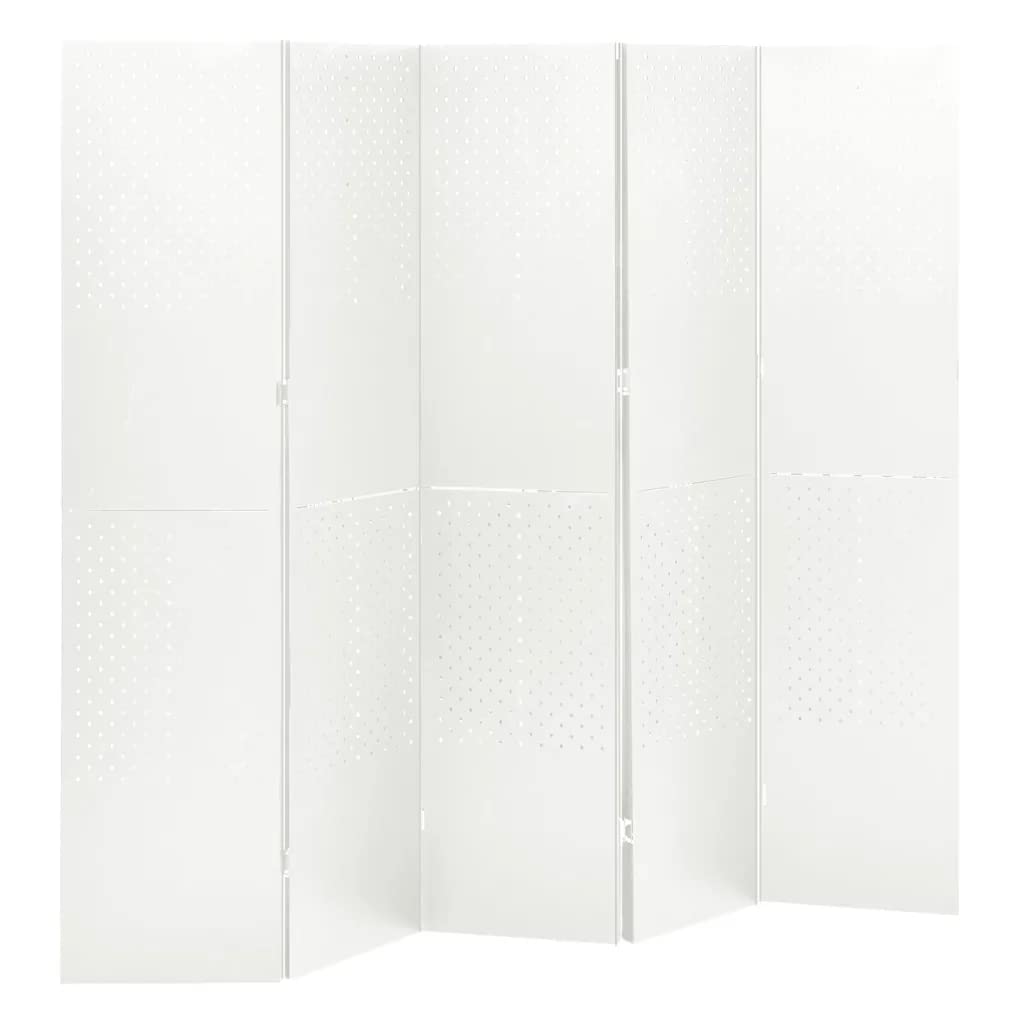 SKM 5-Panel Room Divider Screen - 78.7x70.9 Inches White Steel Partition for Home Office, Living Room & Bedroom Privacy