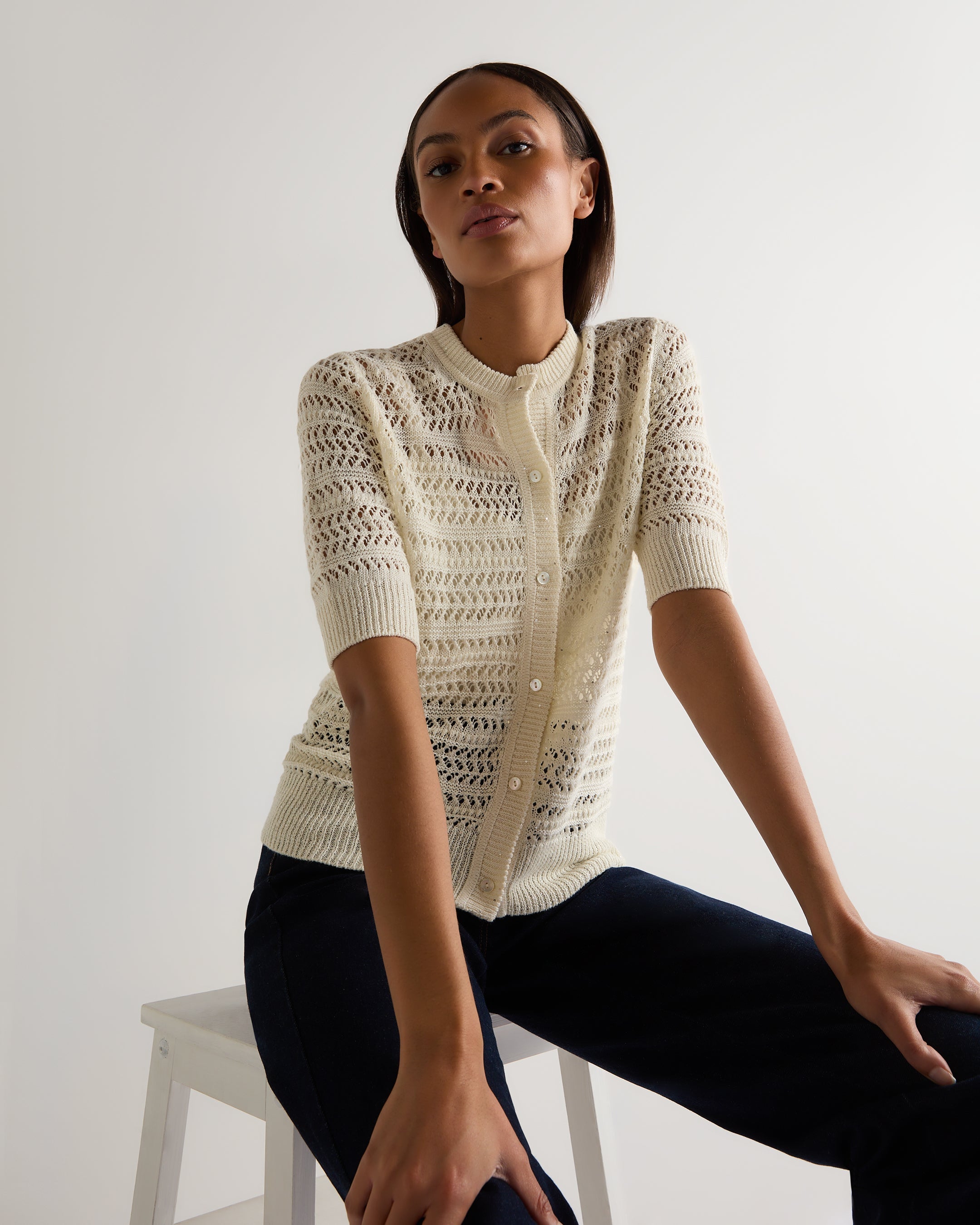 Women's Open Stitch Linen Blend Cardigan - Lightweight Summer Cover Up for Beach, Office & Casual Outfits - New Ivory White