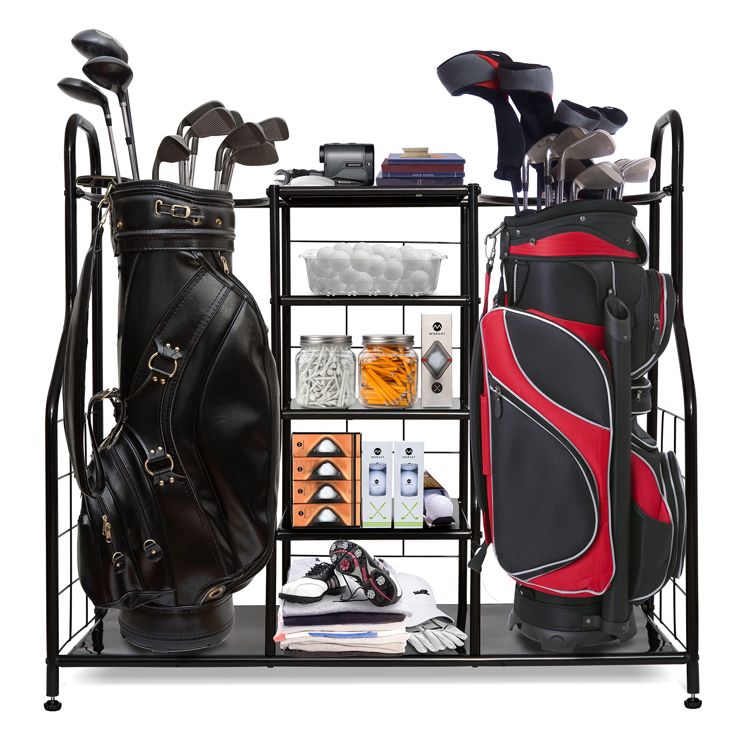 Morvat Extra Large Double Metal Golf Bag Stand - Heavy Duty Black Golf Organizer for Clubs, Balls & Accessories | Perfect for Garage, Basement & Shed Storage | Golf Equipment Organizer for Home & Club Use