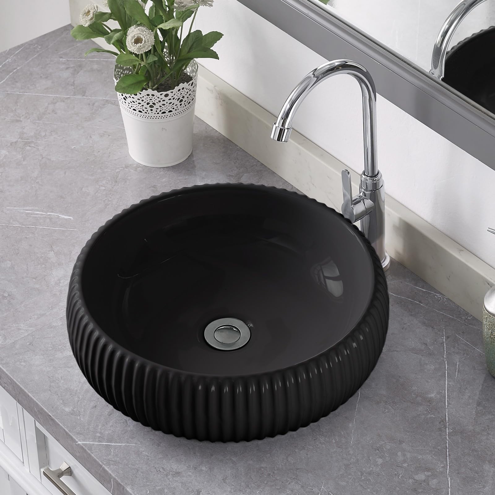 Modern Black Round Vessel Sink - 16.5