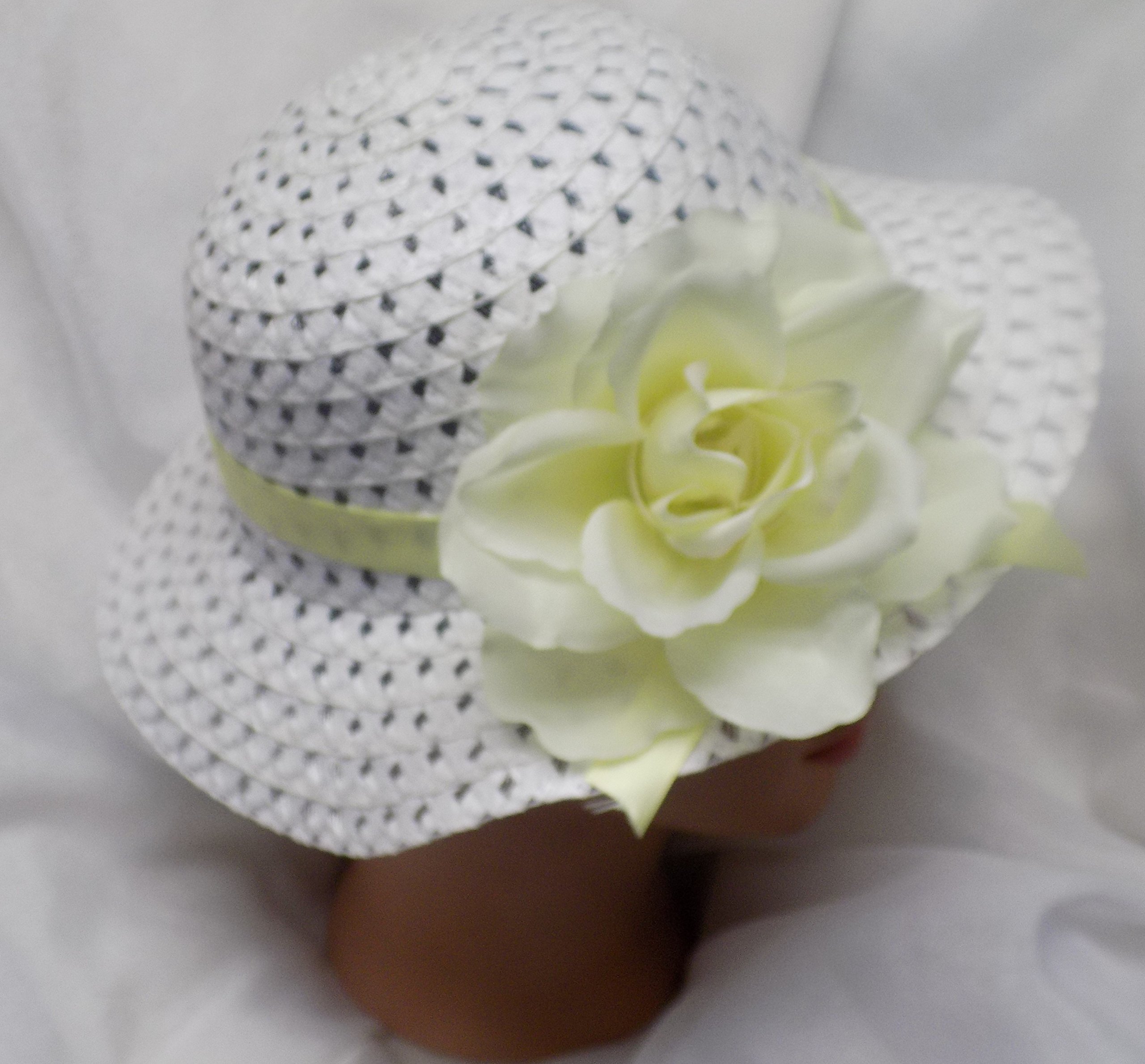 Easter Bonnet Hat for Women - White Spring Tea Party Hat with Soft Yellow Ribbon & Rose Flowers - Perfect for Easter Sunday, Garden Parties & Spring Weddings