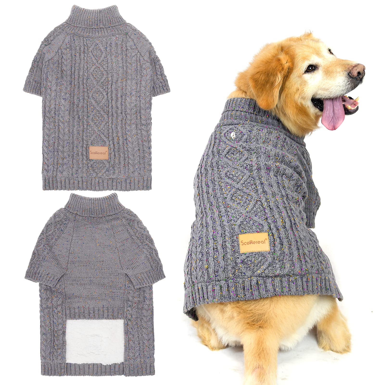 SCENEREAL Cable Knit Turtleneck Dog Sweater with Leash Hole - Warm Winter Coat for Medium & Large Dogs - Cozy Fall & Winter Apparel for Outdoor Walks & Indoor Comfort