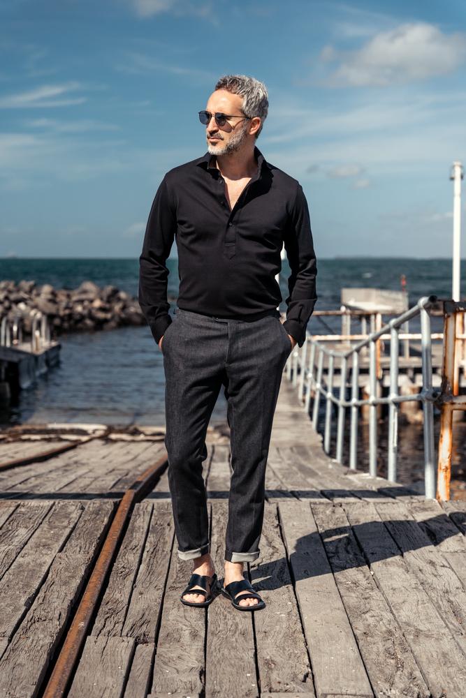 Alessio Men's Long Sleeve Polo Shirt - Premium Black Cotton Pique Fabric - Perfect for Business Casual, Golf & Everyday Wear