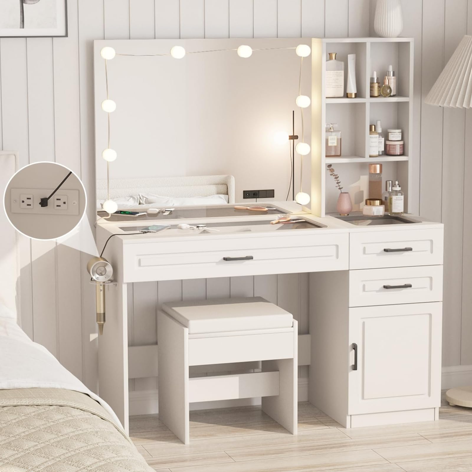 Fameill Vanity Desk with LED Lighted Mirror & Built-in Power Outlet, Large Makeup Table with Glass Top & 3 Storage Drawers, Hair Dryer Stand, 3 Lighting Modes, White - Perfect for Bedroom, Dressing Room & Beauty Salon
