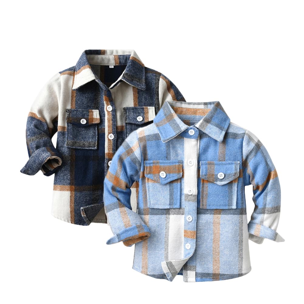 Feidoog 2 Pack Baby Boys & Girls Plaid Shirts - Long Sleeve Lapel Button Down Tops for Toddlers | Cute Outfits for Family Photos, School & Special Occasions