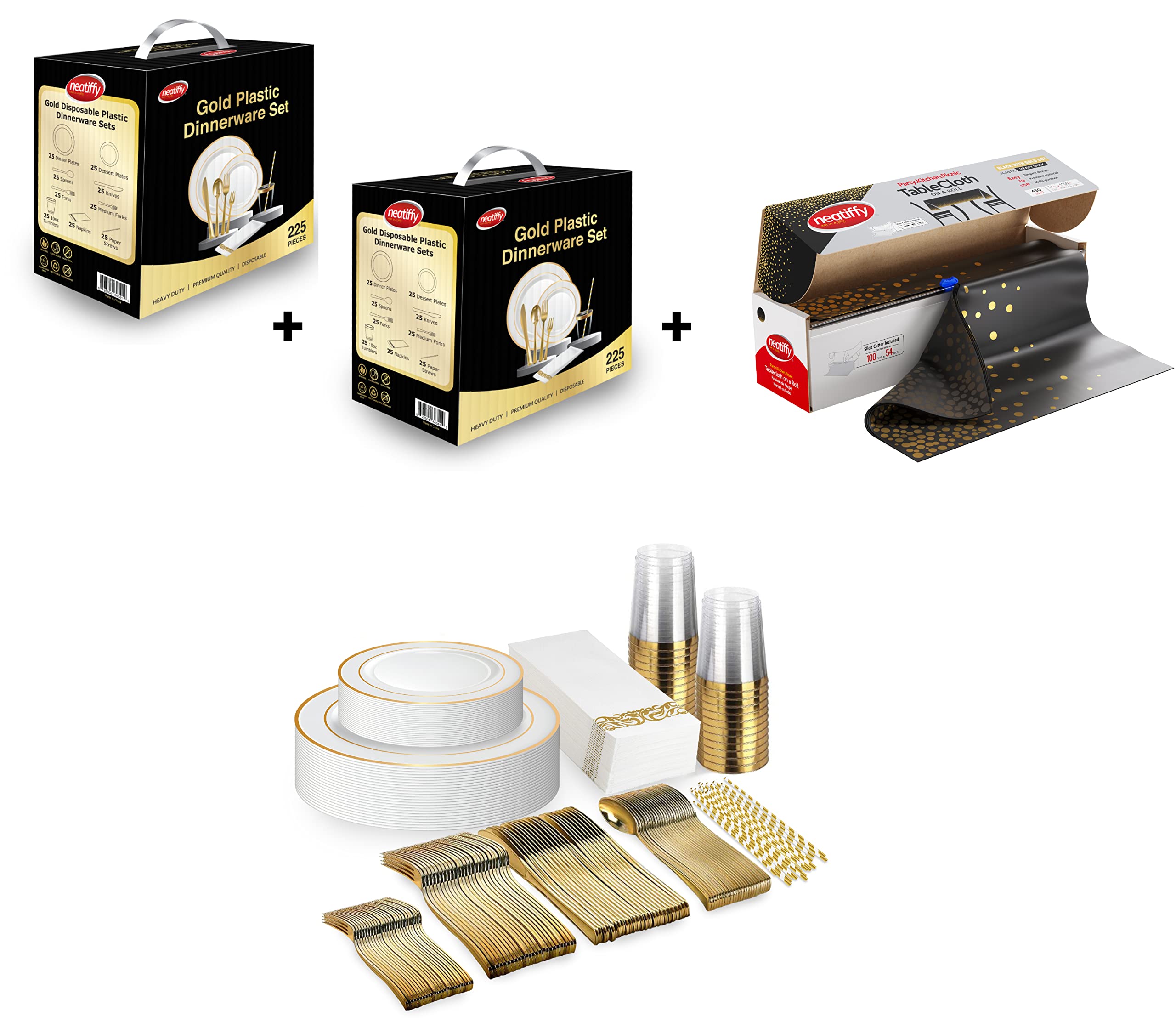 225-Piece Gold Rim Disposable Plastic Dinnerware Set (2 Sets) + 54
