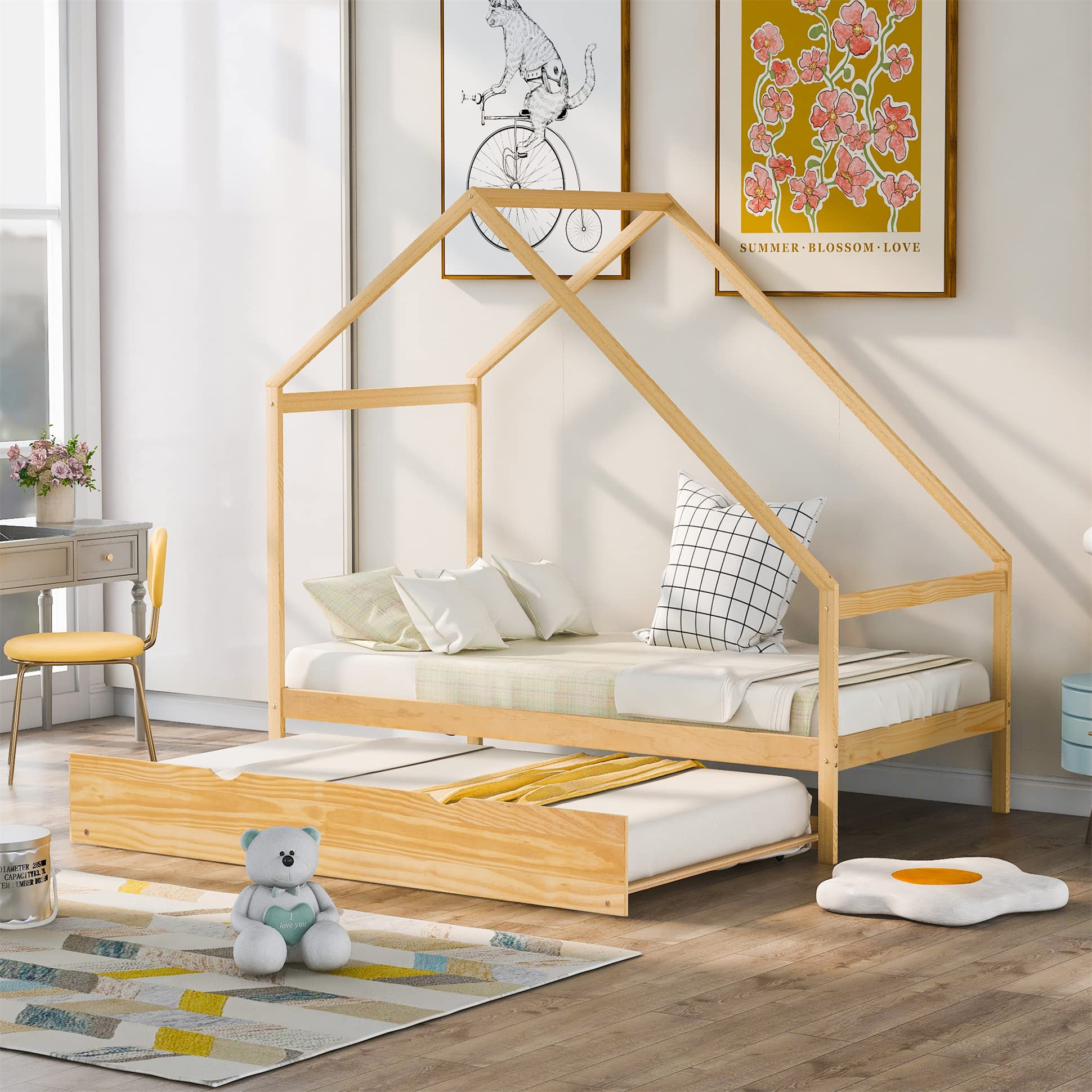 Harper & Bright Designs Twin House Bed with Trundle - Solid Wood Kids Bed Frame for Toddlers, Children & Teens - No Box Spring Needed - Perfect for Small Bedrooms, Playrooms & Sleepovers (Natural Finish)