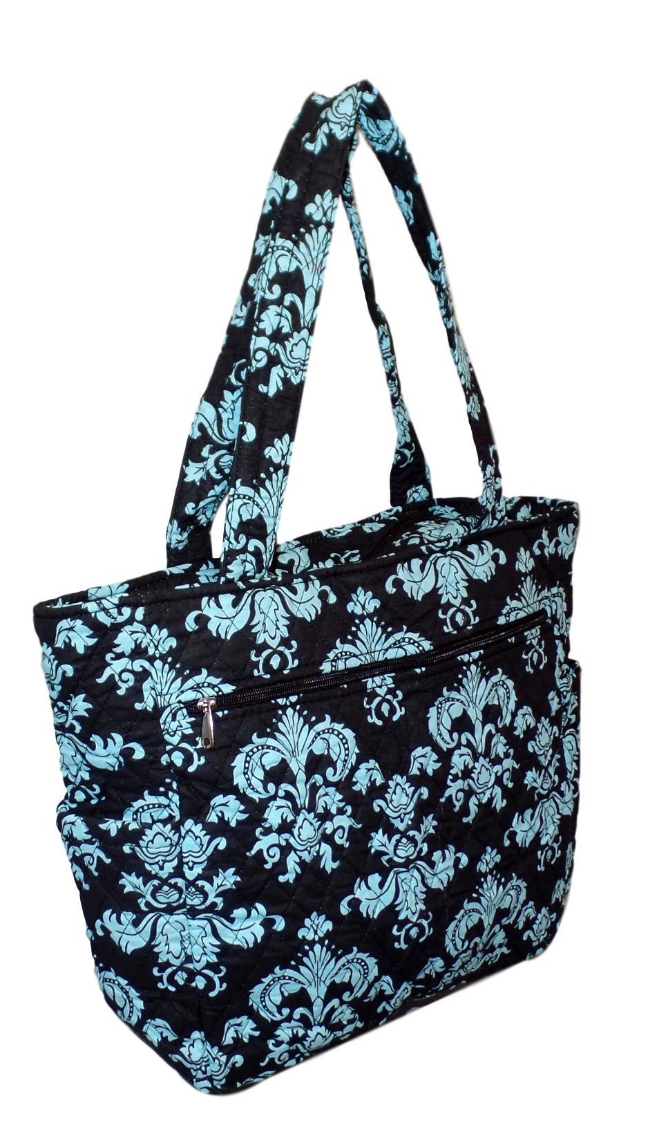 Bohemian Print Quilted Large Tote Bag - Blue Damask Embroidery Personalized Name - Multipurpose Beach Market Bag for Women | Perfect for Shopping, Travel & Picnics