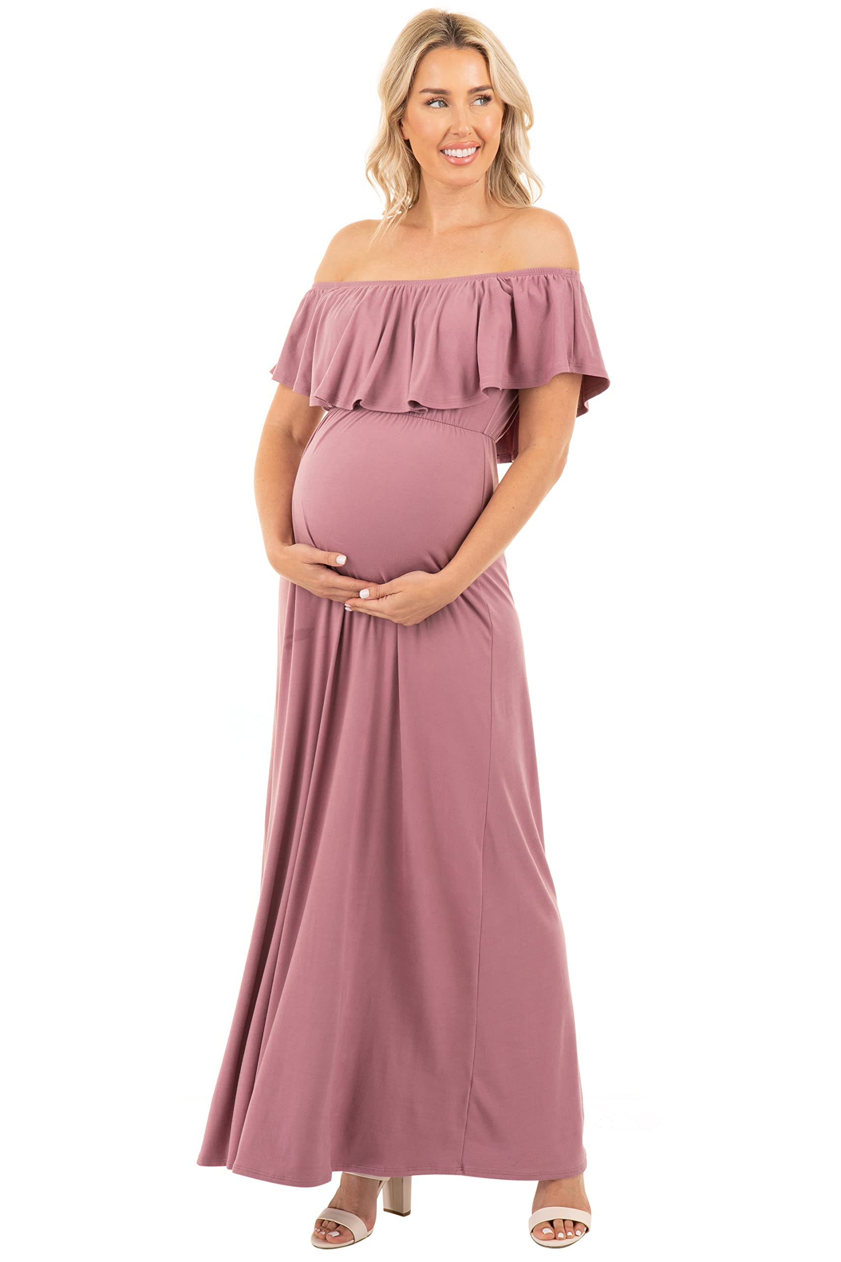 Stylish Open Shoulder Maternity Dress with Ruffles for Pregnant Women | Comfortable & Flattering Pregnancy Outfit for Baby Showers, Photoshoots & Special Occasions