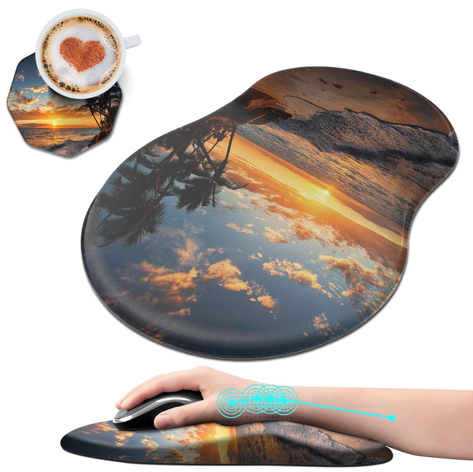Ergonomic Mouse Pad with Wrist Rest - Thick Comfort Gel Support for Carpal Tunnel Pain Relief, Non-Slip PU Base Computer Mousepad for Wireless Mouse, Sunset Beach Design - Perfect for Office, Gaming & Home Workspace