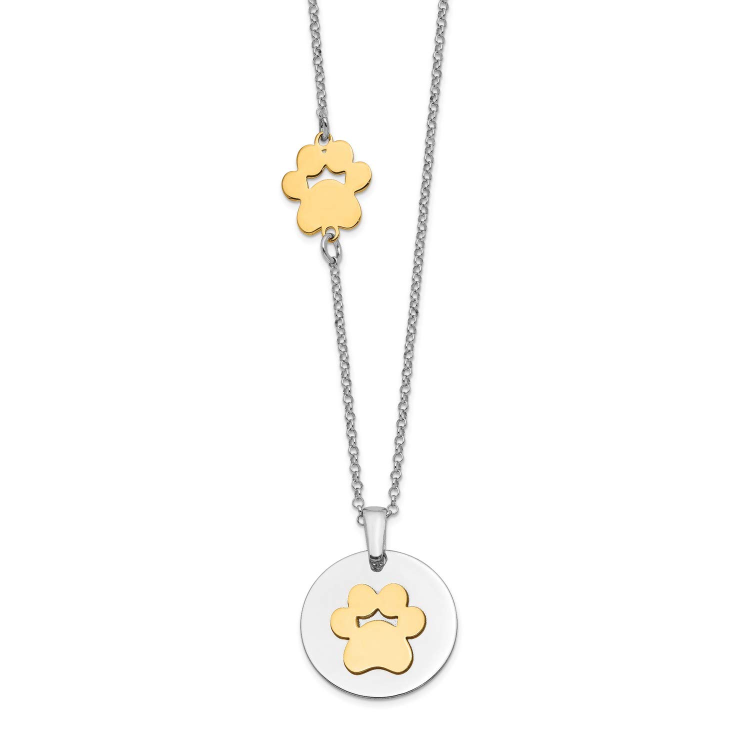 14K Gold Plated Paw Print Round Disc Pendant Necklace - 925 Sterling Silver Chain 15.5 Inches - Perfect Pet Memorial Gift for Dog & Cat Lovers