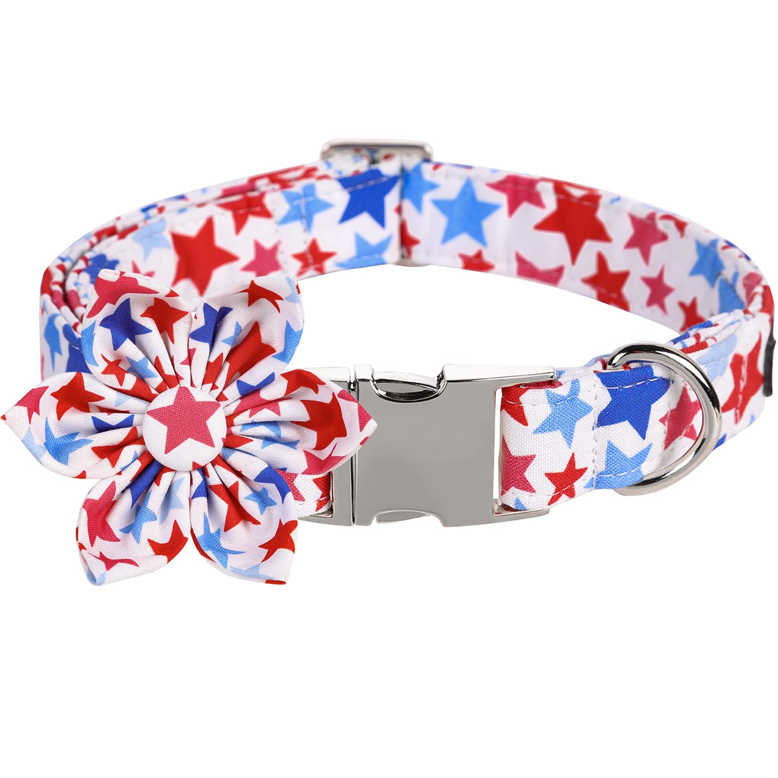 ARING PET American Flag Dog Collar with Metal Buckle - Red White Blue Star & Flower Design for Small Medium Large Dogs | Patriotic Pet Accessories for Walks, Parties & 4th of July Celebrations