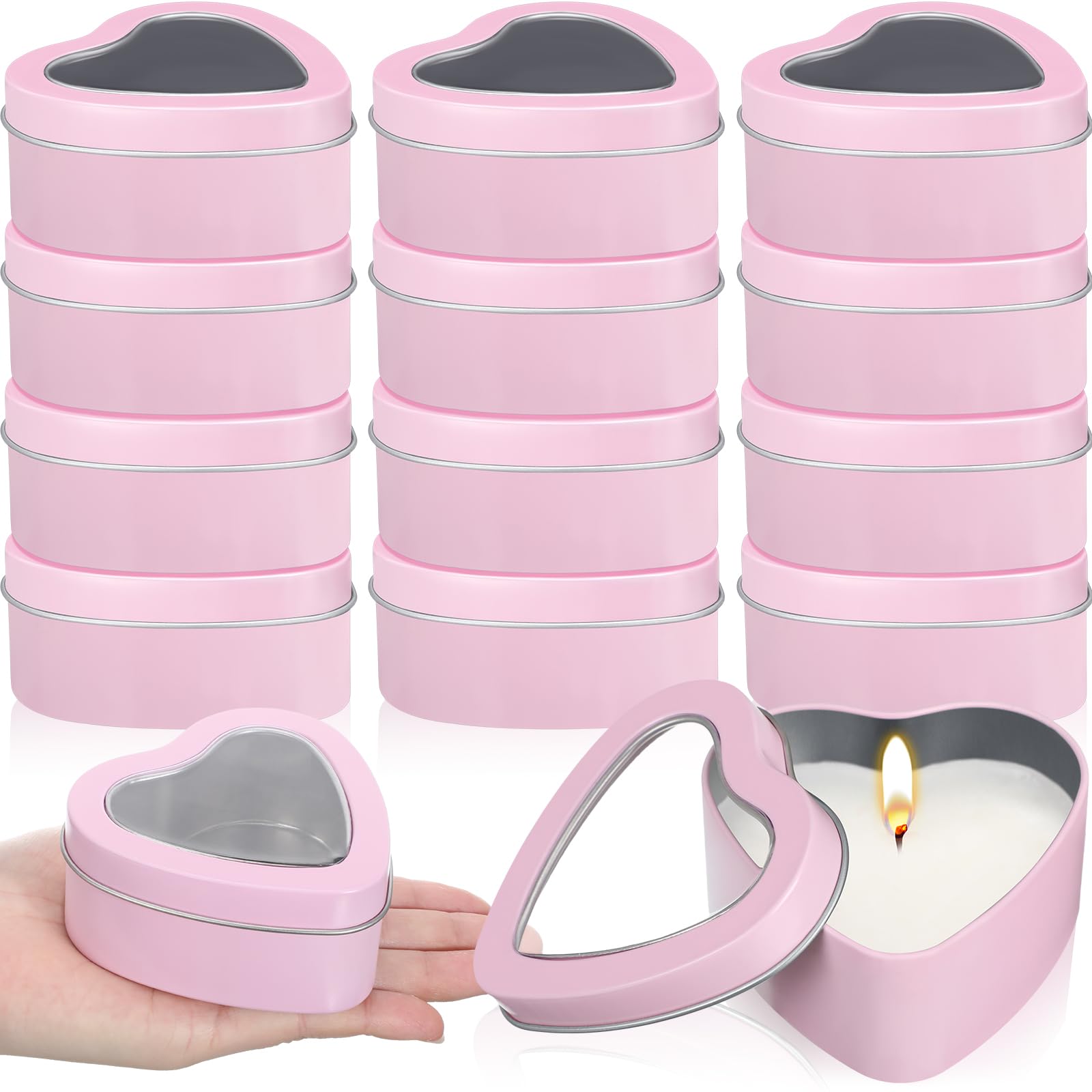 12 Pcs 6.5 oz Heart Shaped Metal Tins with Clear Window Lids - Valentine's Day Candle Containers, Empty Heart Box for DIY Candle Making, Candy Storage, Gift Packaging & Jewelry Organizer (Pink) - Perfect for Romantic Gifts, Wedding Favors, Party Decor & Home Storage