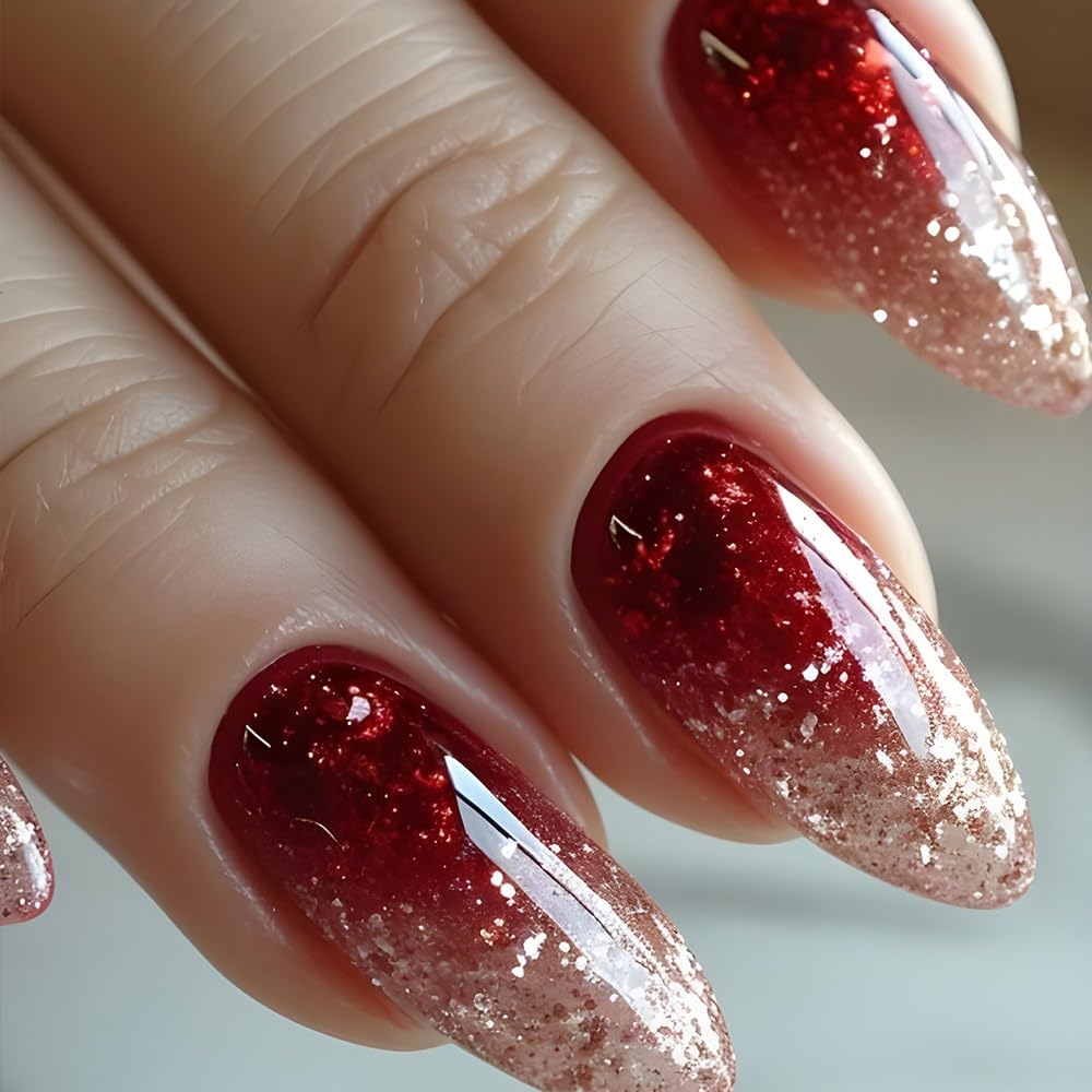 24 PCS Medium Almond Press on Nails - Wine Red Gradient Glossy Fake Nails with Full Cover Design | Reusable Glue on Artificial Nails for Women | Perfect for Parties, Weddings & Daily Wear