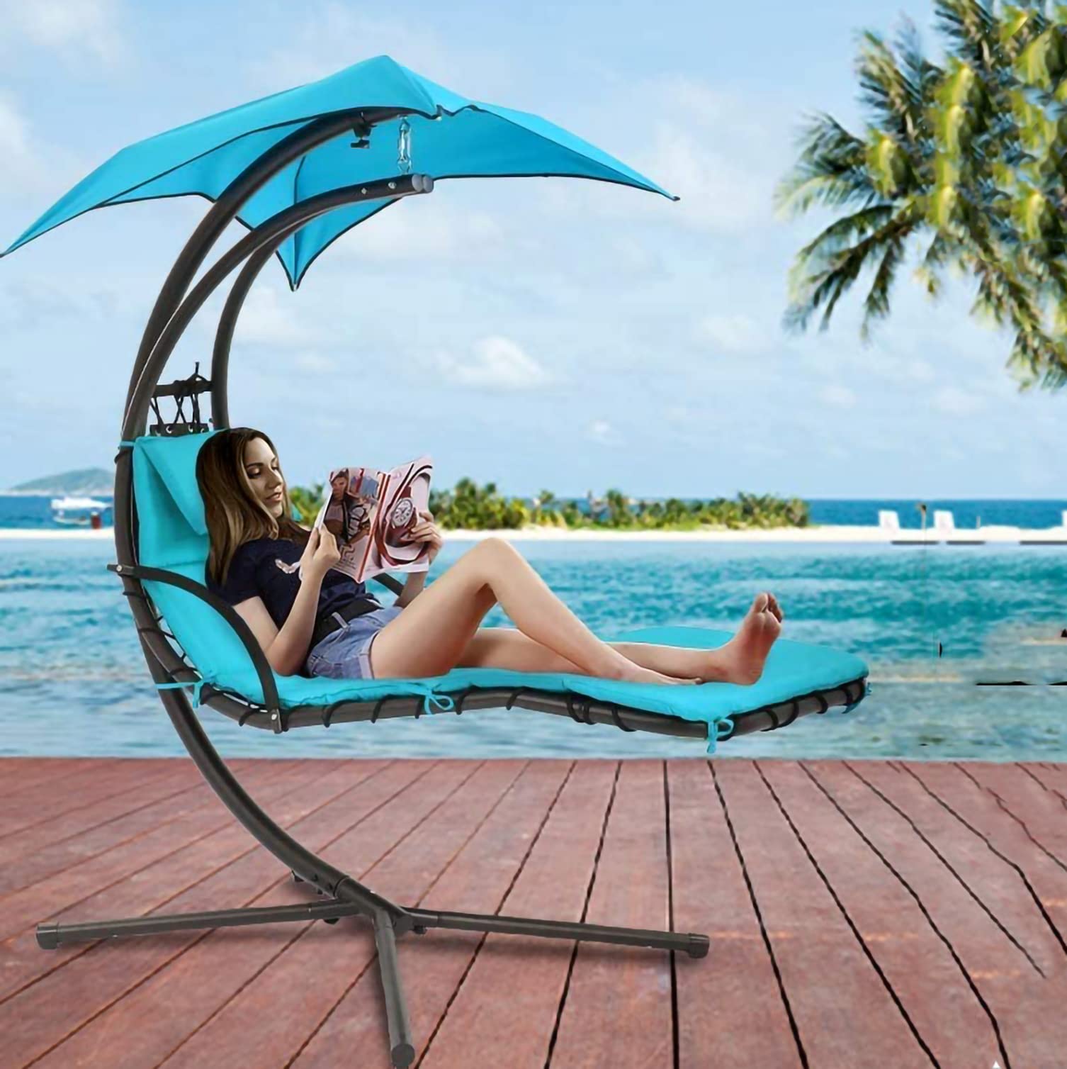 Hanging Hammock Chair with Canopy - Outdoor Patio Swing for Adults, Free Standing Arc Stand - Blue Floating Bed for Garden, Backyard, Deck & Porch Relaxation | Perfect for Lounging, Reading & Napping in Shade