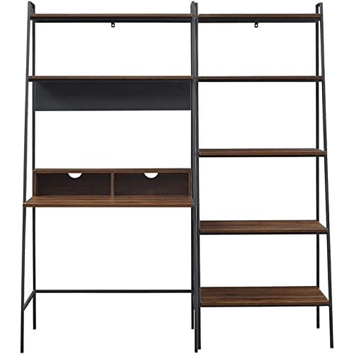 Pemberly Row Dark Walnut Ladder Desk with Storage Shelf - Metal & Wood Home Office Writing Desk for Small Spaces, Dorm Room or Bedroom Study Nook