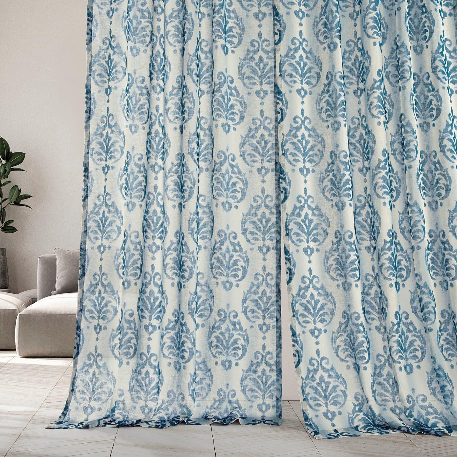 Custom Fresco Blue Damask Printed Sheer Curtains - Elegant Window Drapes for Living Room & Bedroom Decor