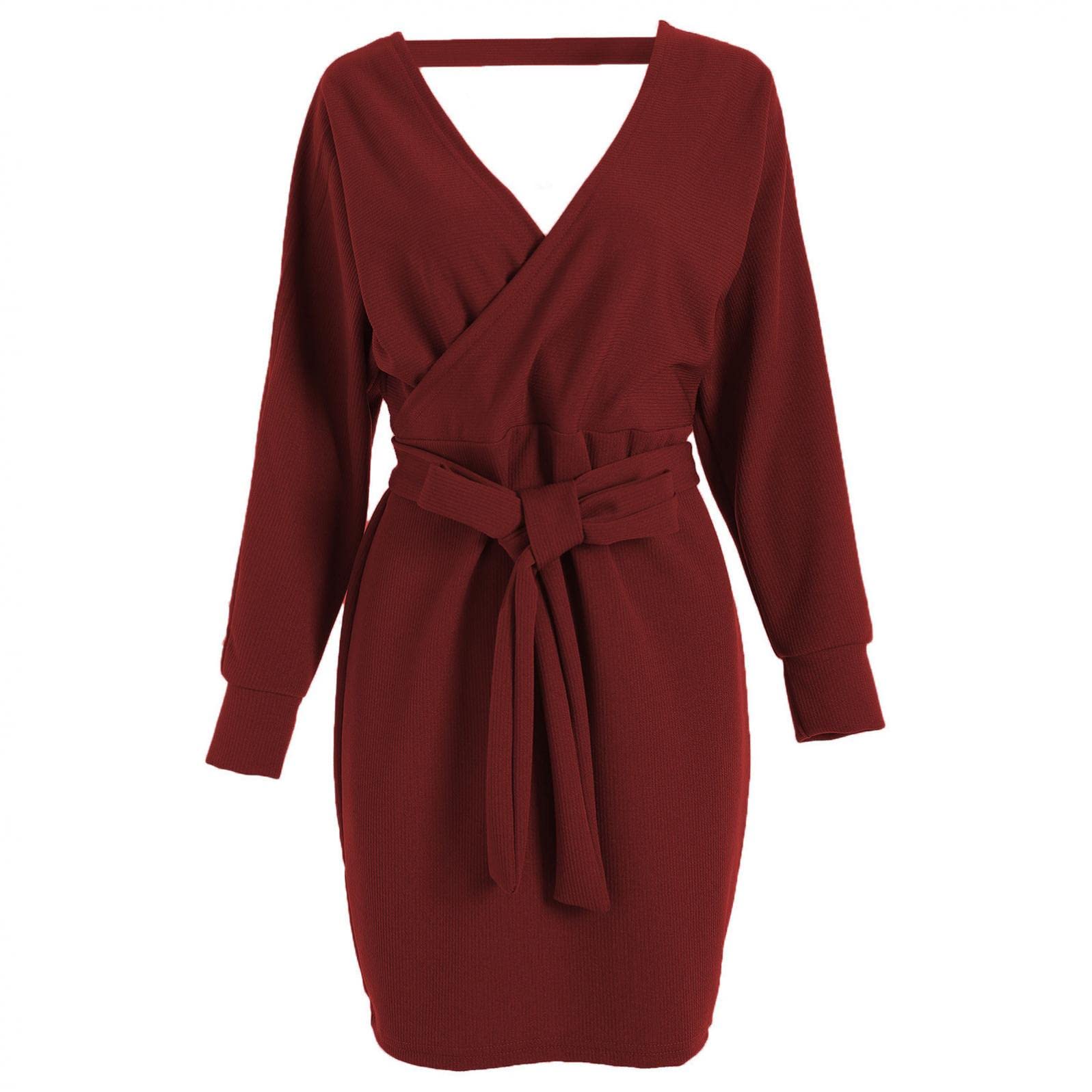 Women's Plain Beach Dress - Sexy Hip Wrap Long Knitted Dress with Long Sleeves | Comfy Casual Sweater Dress for Summer Vacations, Beach Parties & Boho Outfits