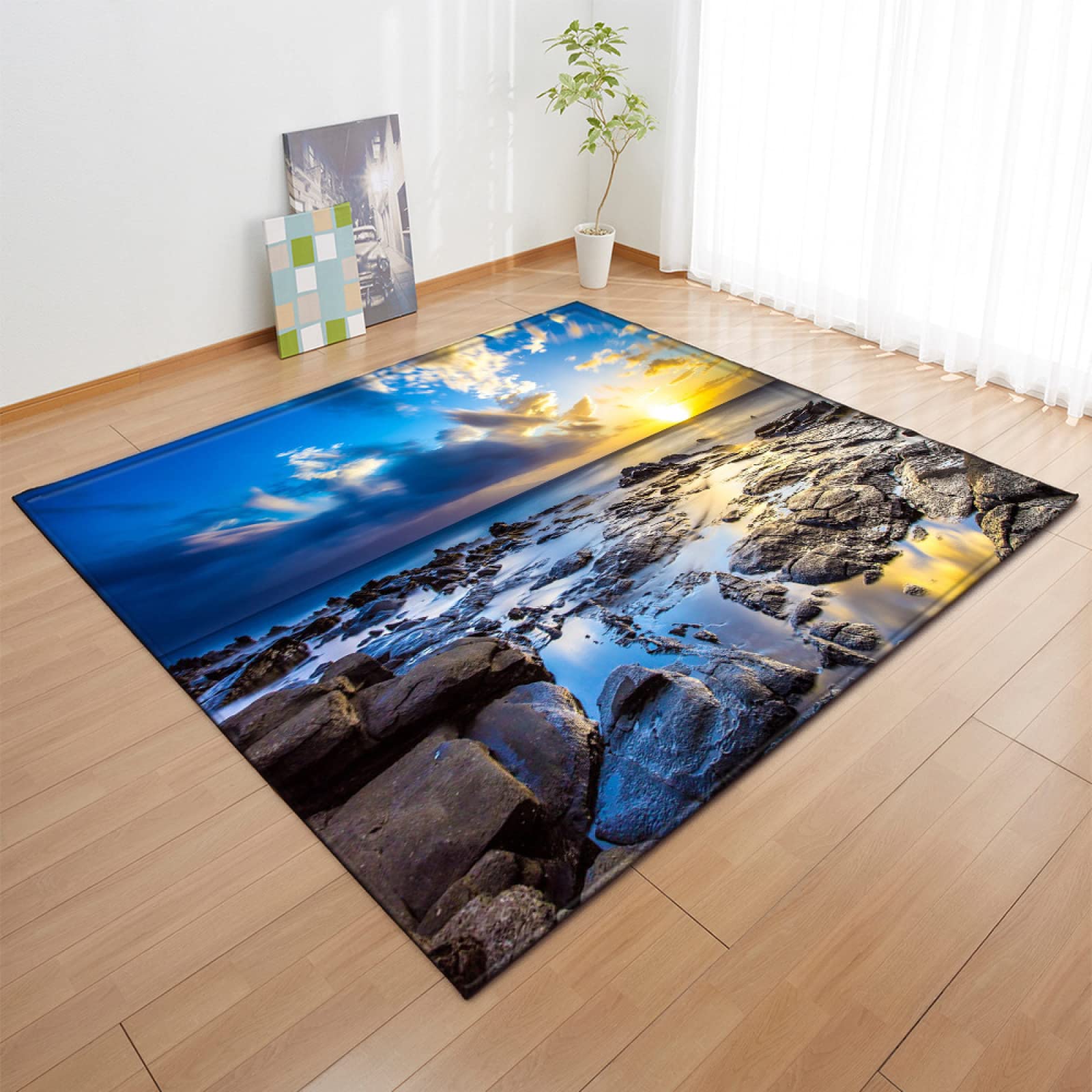 YEWIER Sunrise Beach 3D Carpet - Non-Slip Floor Mat for Living Room, Balcony, Corridor & Entrance - Coastal Decor Rug for Home, Office, Beach House (36x24 Inches)