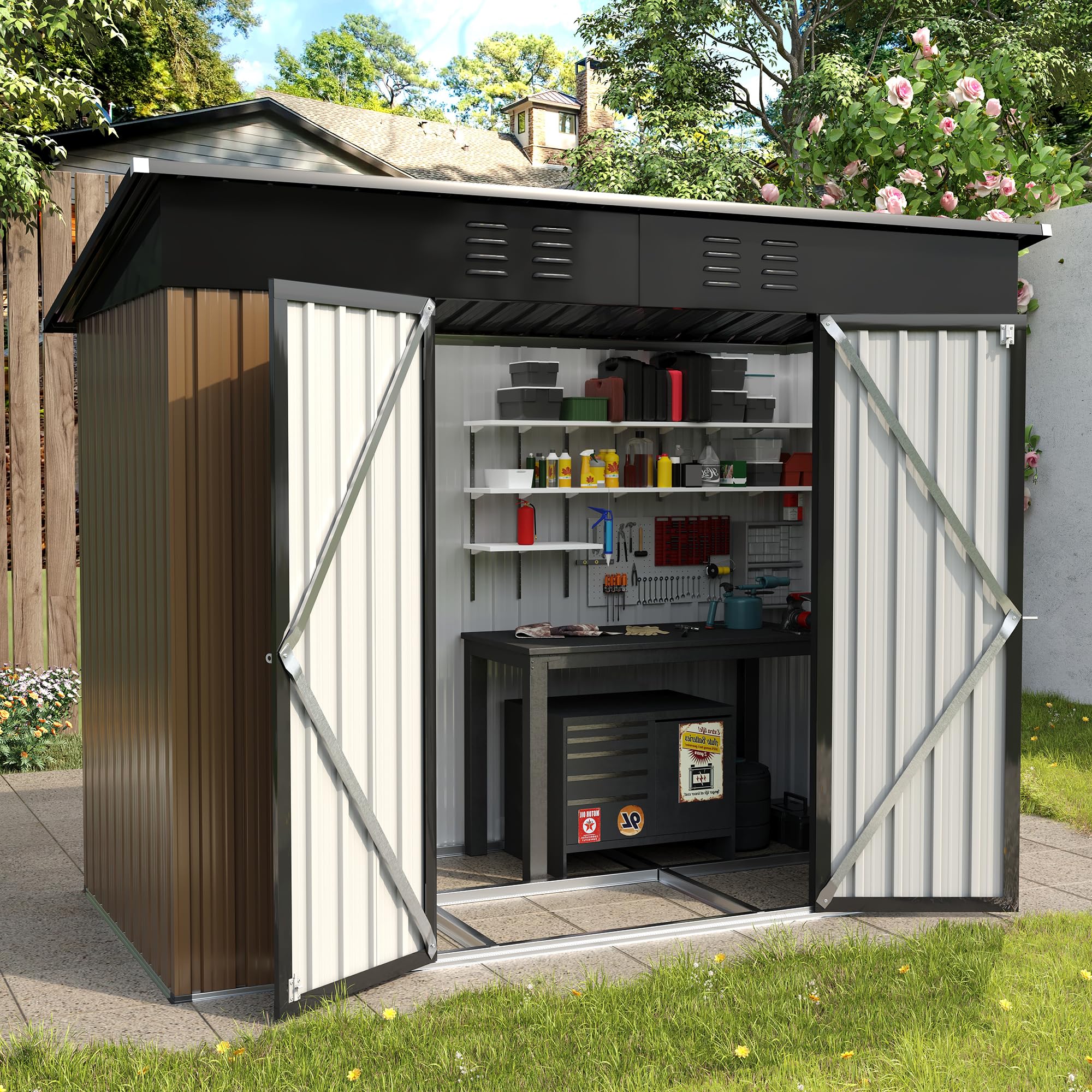 UDPATIO 8x4 FT Outdoor Storage Shed - Galvanized Steel Metal Yard Shed with Lockable Door for Patio, Lawn & Garden - Perfect for Storing Bikes, Lawnmowers, Generators & Tools (Brown)