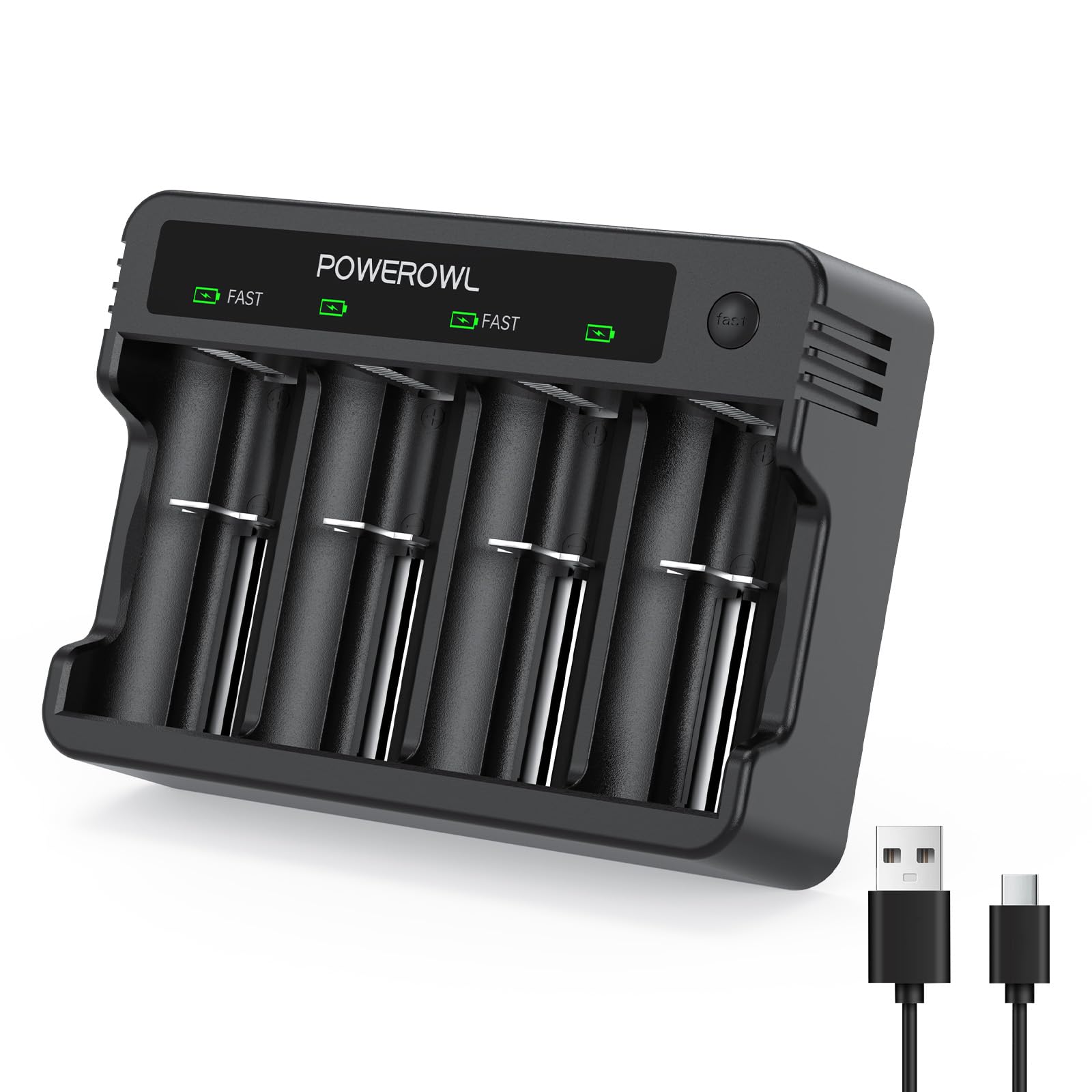 POWEROWL AA AAA C D Battery Charger - Universal USB Fast Charger for Ni-MH Ni-CD Rechargeable Batteries with Upgraded ZN452E Independent Slots | Perfect for Home, Office, Travel & Emergency Power Needs