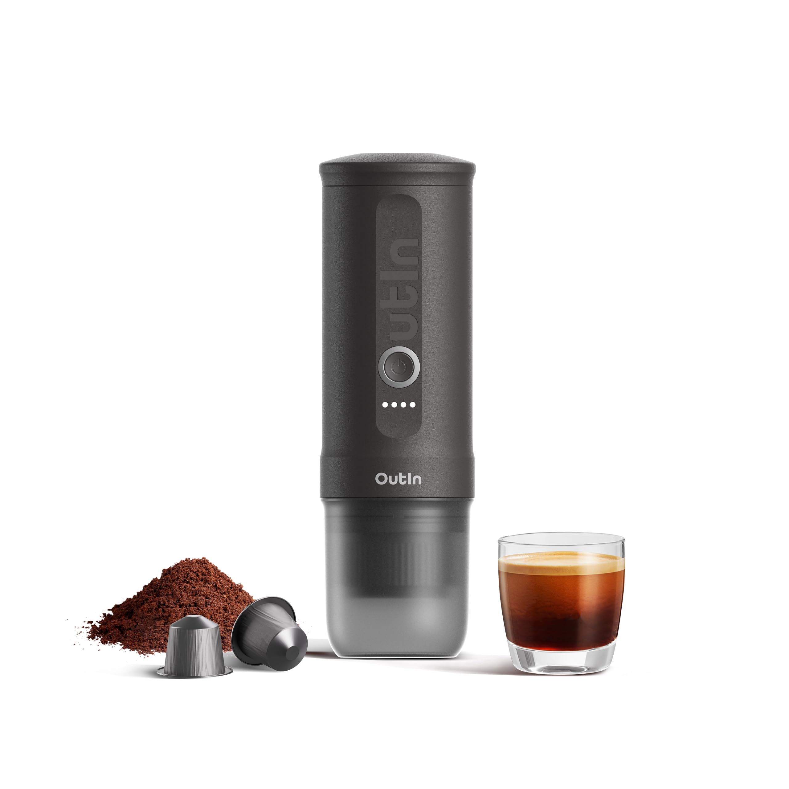 OutIn Nano Portable Electric Espresso Machine - USB-C Travel Coffee Maker for Camping, Hiking, RV & Office | Self-Heating Car Coffee Maker with Ground Coffee & NS Capsule Compatibility | Perfect for Outdoor Adventures, Road Trips & Workspace Brewing