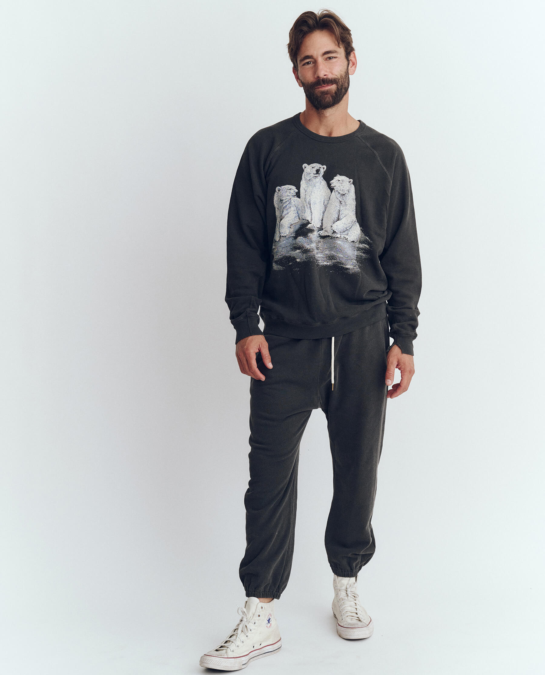 Men's Graphic College Sweatshirt - Washed Black Polar Bear Design | Casual Wear, Campus Style, Winter Fashion