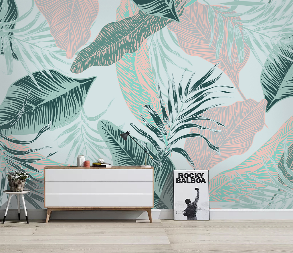 Beige and Green Leaves Tropical Wallpaper Murals - Self-Adhesive Peel & Stick Wallpaper for Bedroom, Living Room, Nursery - Boho Jungle Theme Home Decor