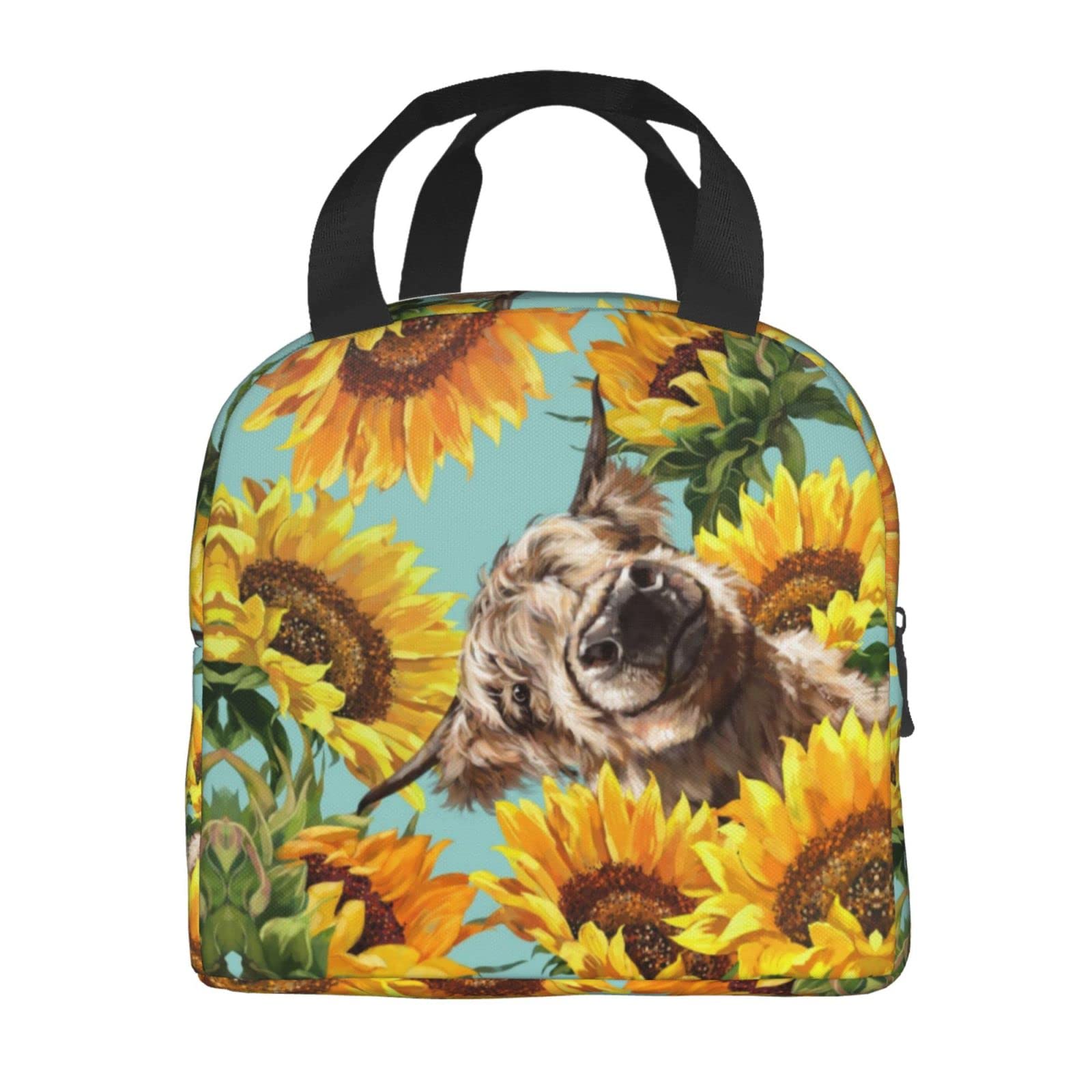 Insulated Reusable Lunch Bag with Highland Cow & Sunflower Print - Portable Cooler Tote for Women, Men, Kids | Perfect for Work, School, Beach Picnics & Outdoor Activities