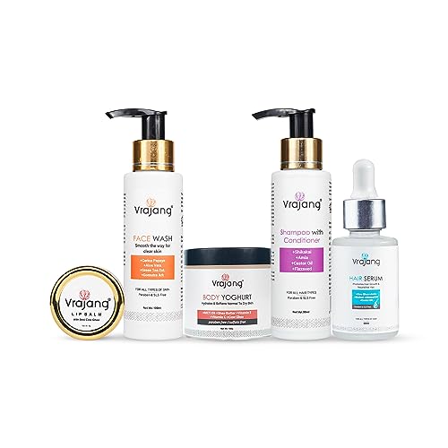 Vrajang Skin and Hair Care Gift Set - 5 Piece Combo with Body Yogurt, Lip Balm, Face Wash, Shampoo & Hair Serum | Perfect for Raksha Bandhan, Birthday, Anniversary, Wedding & Diwali Gifts | Ideal for Daily Skincare Routine & Special Occasion Present