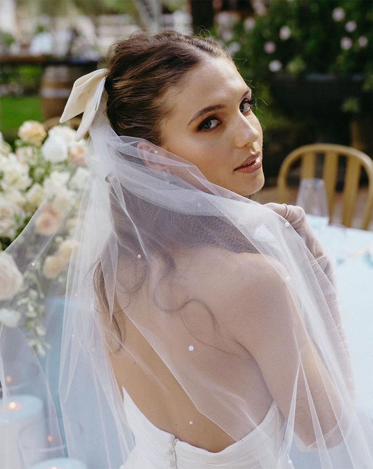 Elegant Bridal Silk Bow Headpiece with Crystal & Pearl Heart Charm - Perfect for Weddings, Bridal Showers & Formal Events | Kezani
