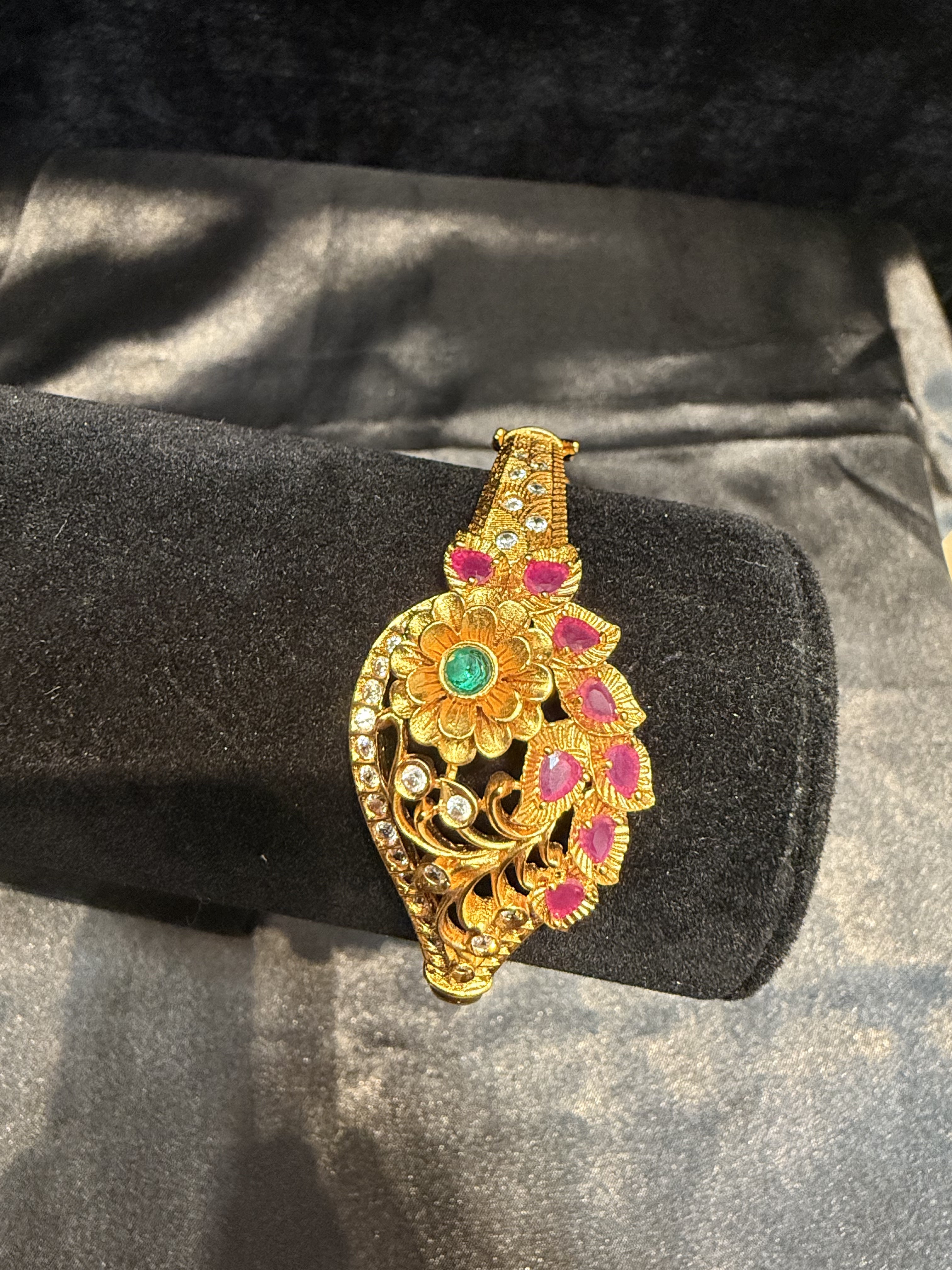 Elegant Gold Plated Bracelet with Pink & Green Stones, Floral Leaf Design - Perfect for Weddings, Parties & Gift Giving