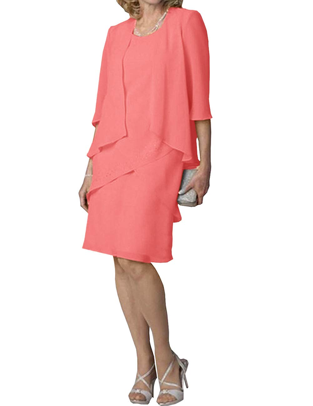 Elegant Mother of The Bride Dresses - Short Formal Evening Gown with 3/4 Sleeve Chiffon Jacket & Tiered Skirt | Perfect for Weddings, Cocktail Parties & Special Occasions