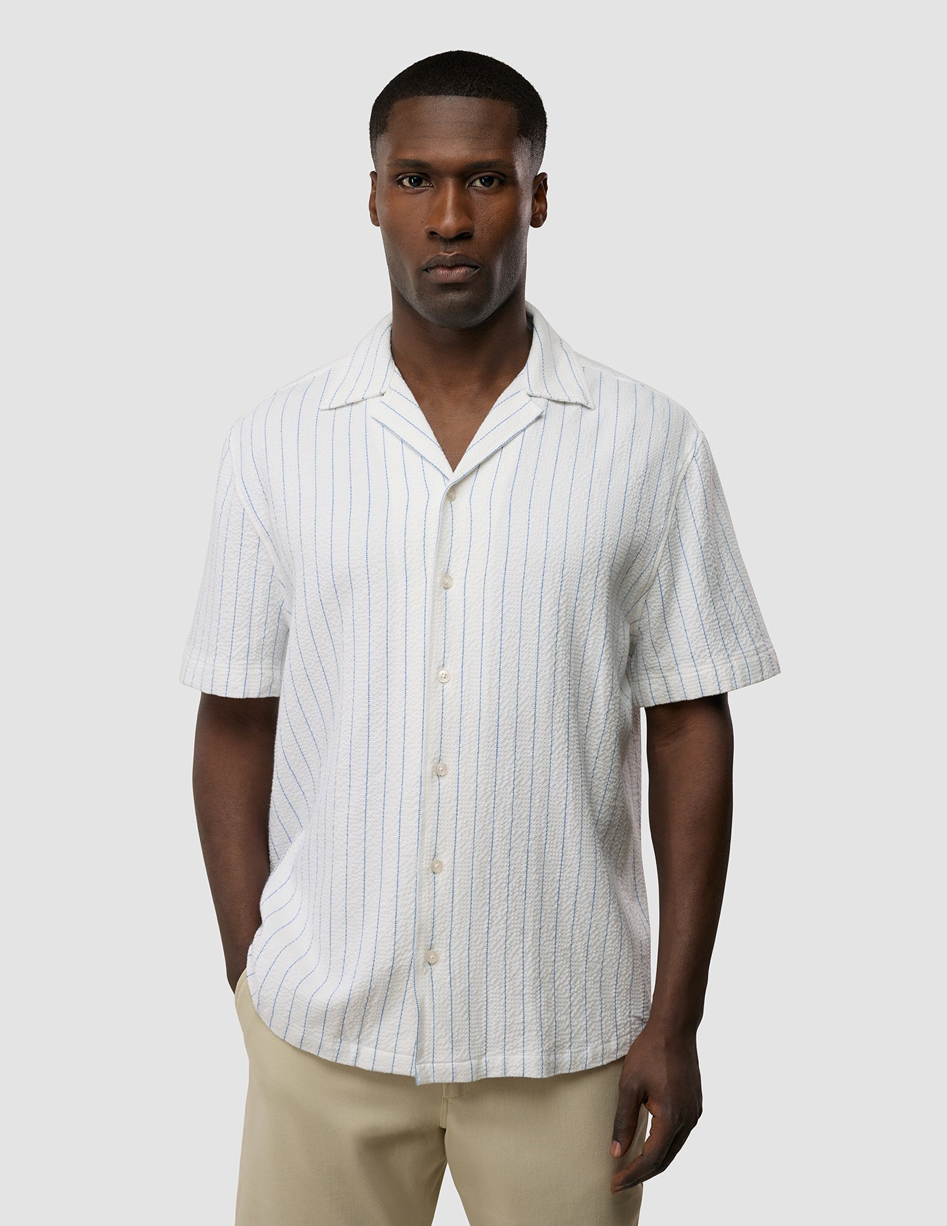 Blue Striped Seersucker Short Sleeve Shirt for Men - Casual Summer Wear & Outdoor Activities