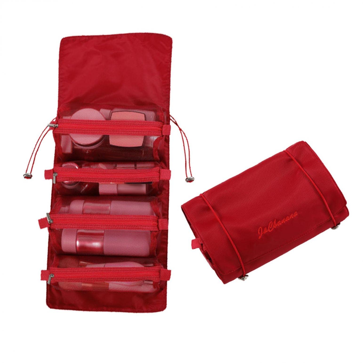 4 in 1 Foldable Detachable Makeup Travel Organizer with 4 Removable Mesh Compartments - Roll-up Cosmetic & Toiletry Bag (Red) - Perfect for Travel, Gym, and Daily Beauty Organization