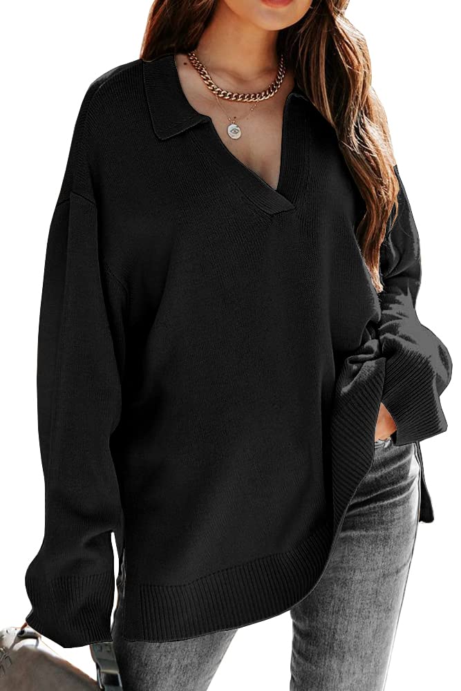 LILLUSORY Women's V-Neck Collared Oversized Long Sleeve Knit Pullover Sweater Top | Casual Chic Tunic for Fall & Winter | Perfect for Office, Date Night & Weekend Outfits