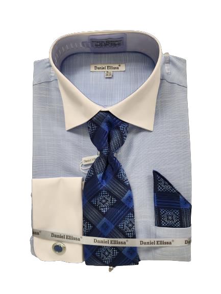 DANIEL ELLISSA Men's Dress Shirt with JQD Pattern, White Collar & French Cuffs - DS3831P2 Blue - Perfect for Business, Office, and Formal Occasions