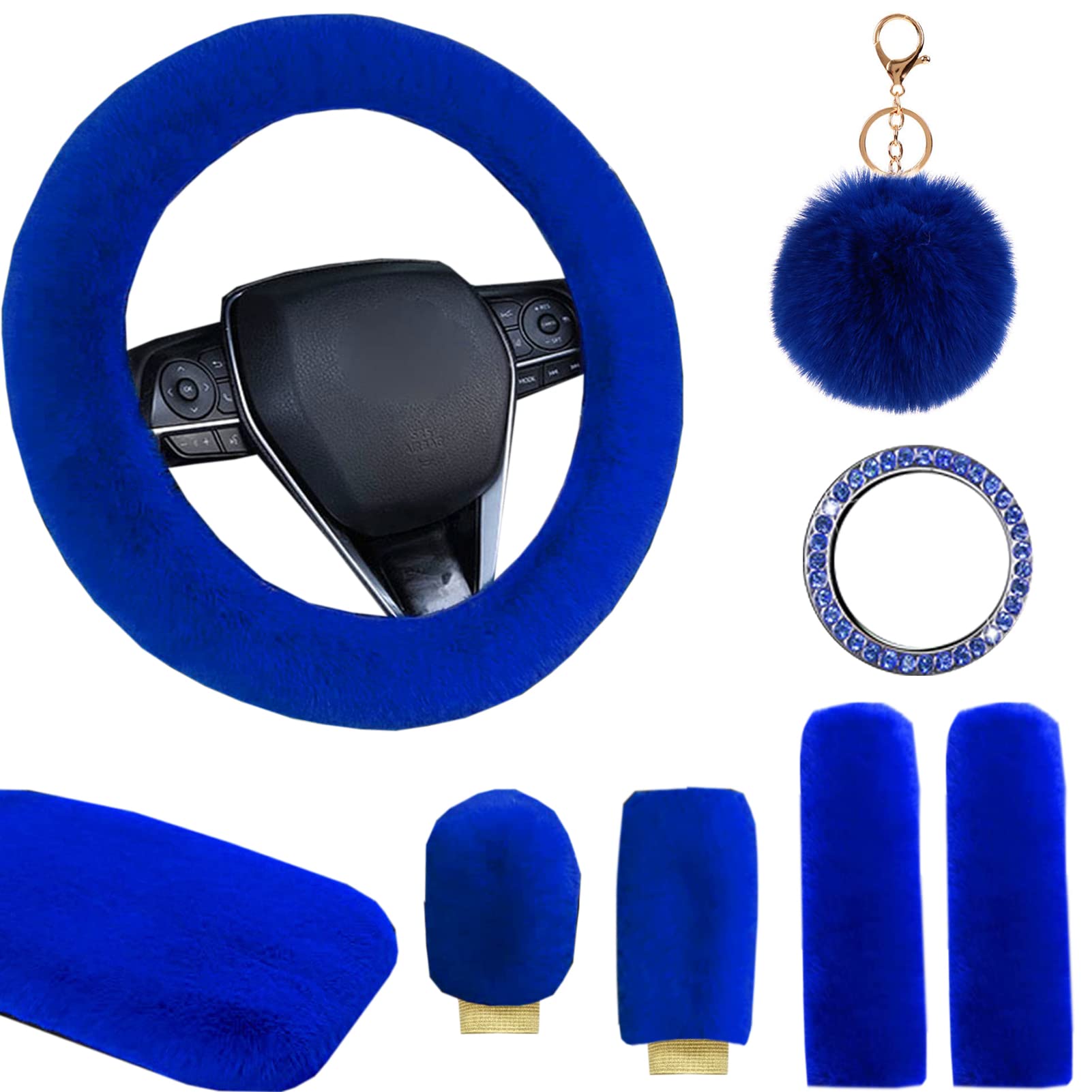 Cute Fluffy Steering Wheel Cover Set - Soft Warm Fuzzy Fur Universal 15 Inch for Women & Girls - 8-Piece Car Accessories (Blue) - Perfect for Winter Driving & Stylish Car Interior Upgrade