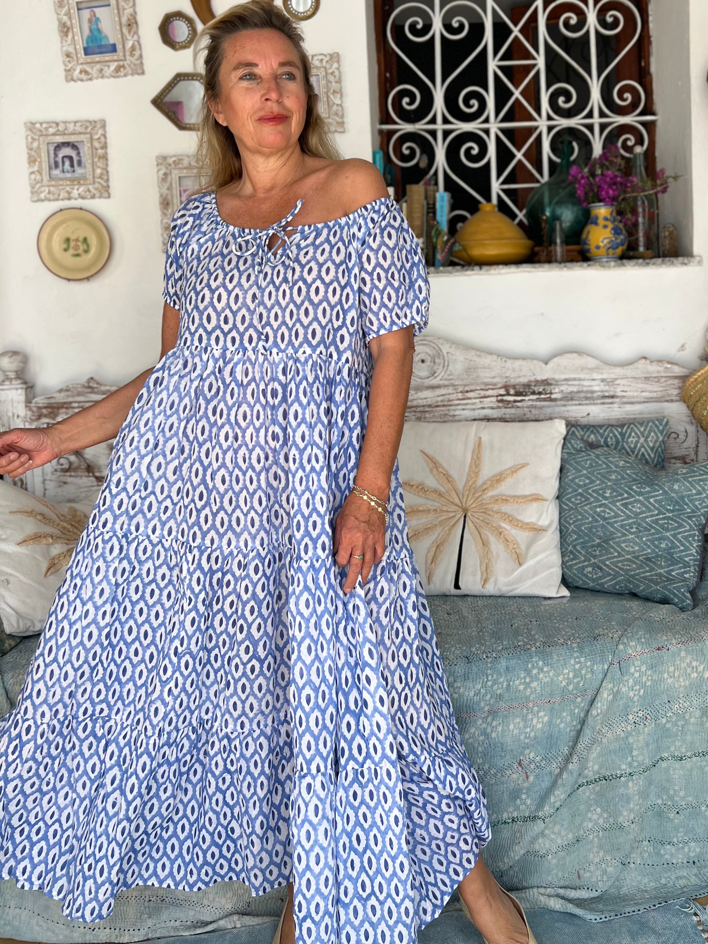 Handmade Boho Maxi Dress for Girls – Blue Hand Block Printed Floral Ishi Daughter Dress – Perfect for Summer Vacations, Beach Trips & Special Occasions