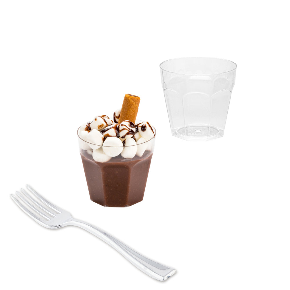 100-Pack 5 oz Clear Plastic Mini Pilsner Cups & 100-Pack Silver Plastic Mini Forks - Perfect for Parties, Weddings, and Cocktail Events