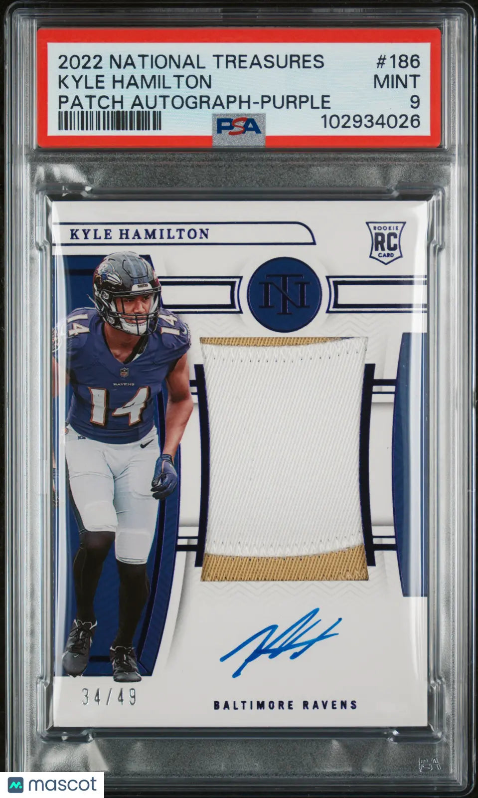 2022 National Treasures Kyle Hamilton Rookie Patch Auto Purple PSA 9 /49 - Rare Football Collectible for Fans & Investors - Perfect for Display, Trading, and Memorabilia Collections