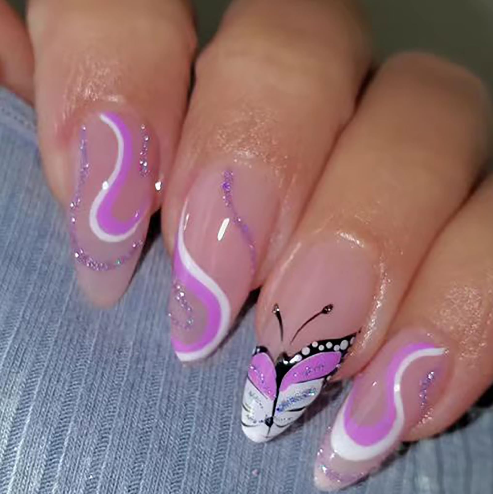 24 Pcs Medium Almond Press on Nails - Purple French Glitter Butterfly Swirl Fake Nails (12 Sizes, 1 Set) for Women, Party, Wedding & Special Occasions