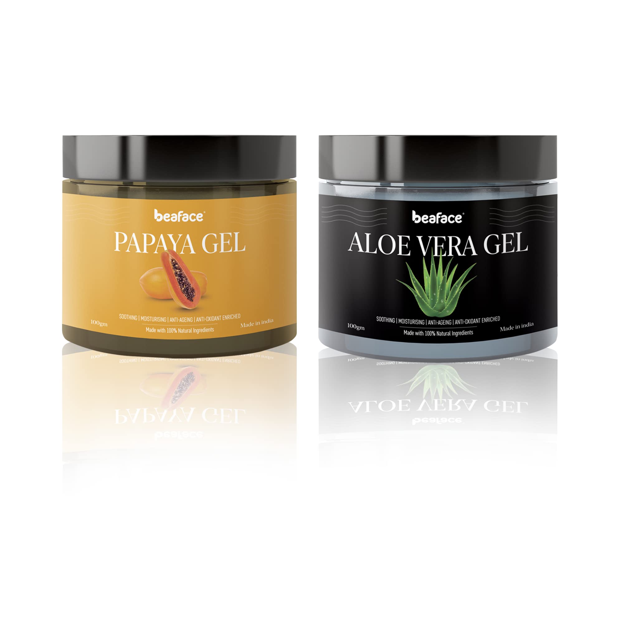 Beaface Combo Pack - Papaya Face Gel & Aloe Vera Skin Gel for Acne & Hydration (2x100g) | Perfect for Daily Skincare Routine & Travel Essentials