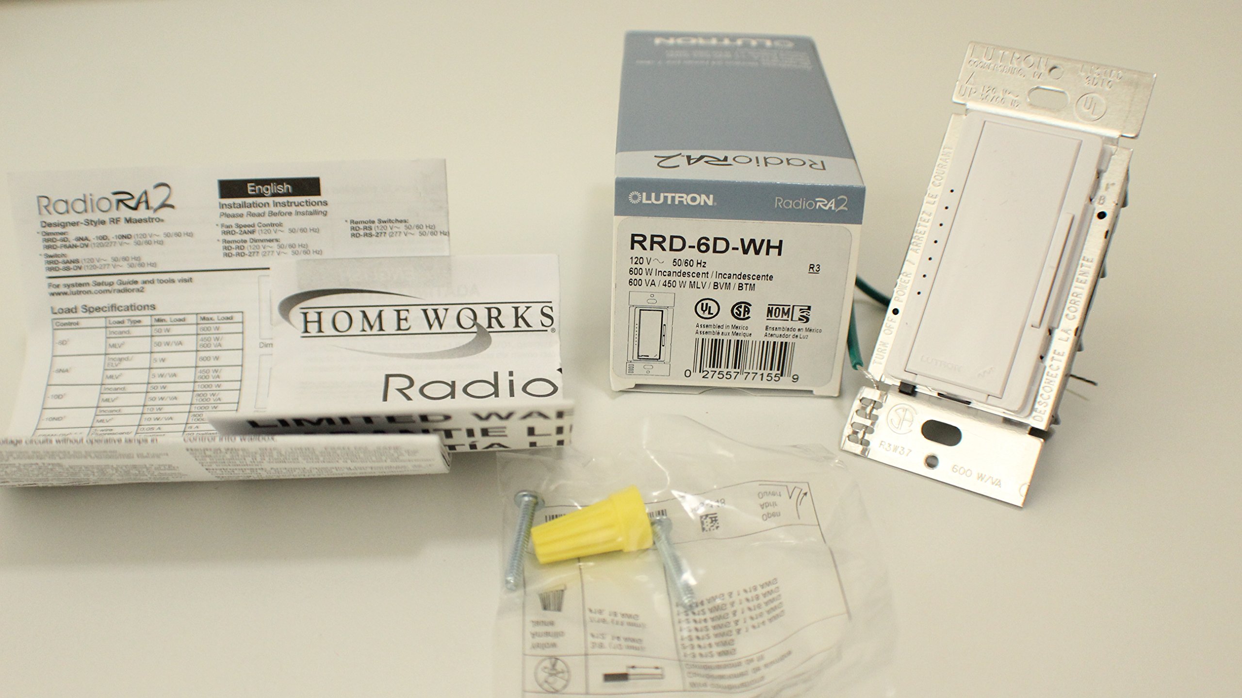 Lutron RRD-6D-WH Dimmer Switch - White, 600W Incandescent/Halogen, Single-Pole/3-Way, for Home Lighting Control (Perfect for Living Rooms, Bedrooms & Dining Areas)