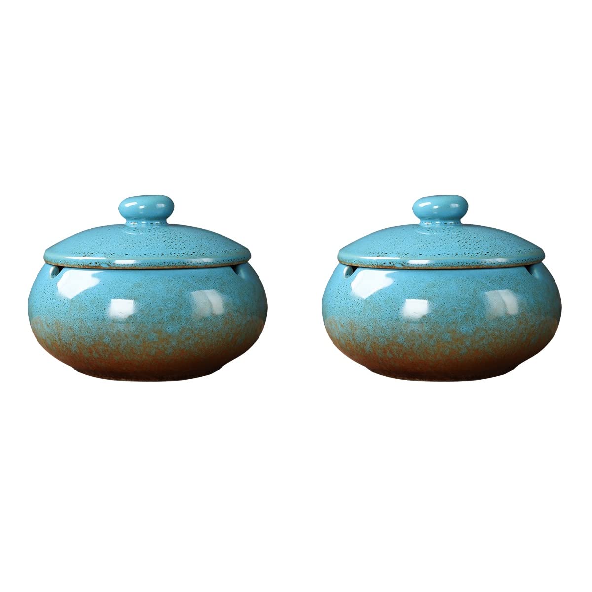 ULTNICE 2-Pack Ceramic Ashtray with Lid - Windproof Cigarette Tray for Indoor & Outdoor Use - Handmade Smoking Accessories for Home, Office, Patio, and Car - Blue Desktop Decor